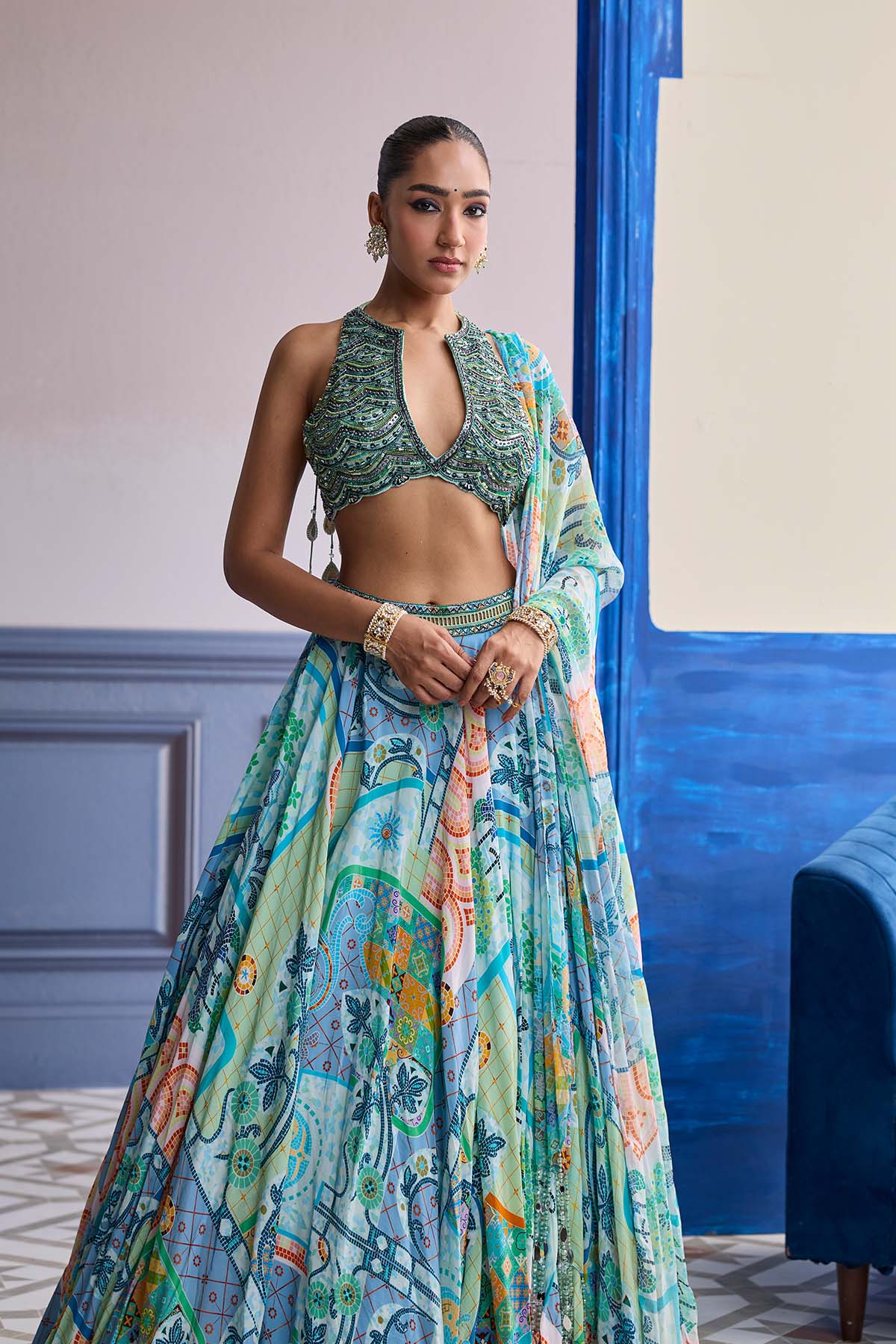 AQUA BLUE EMBROIDERED BLOUSE WITH PRINTED LEHENGA & TASSEL DUPATTA SET