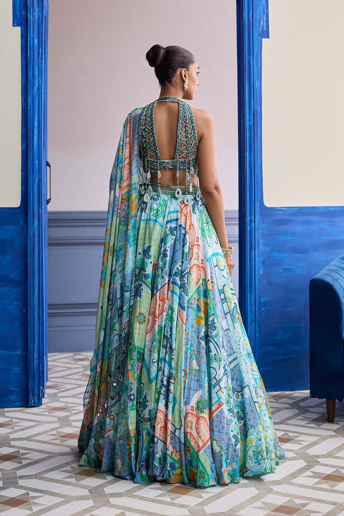 AQUA BLUE EMBROIDERED BLOUSE WITH PRINTED LEHENGA & TASSEL DUPATTA SET