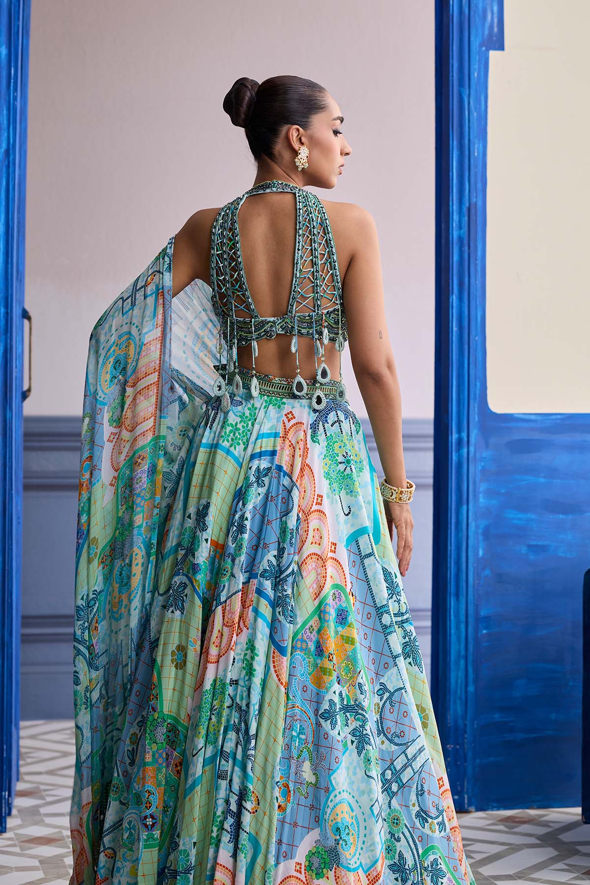 AQUA BLUE EMBROIDERED BLOUSE WITH PRINTED LEHENGA & TASSEL DUPATTA SET