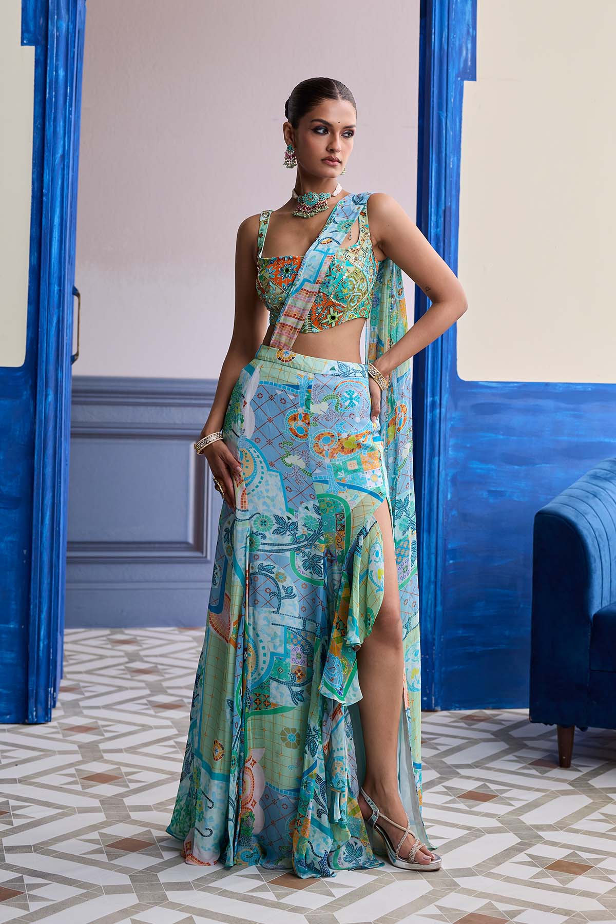 AQUA BLUE MOSAIC BLOUSE WITH RUFFLE SLIT SKIRT SAREE SET