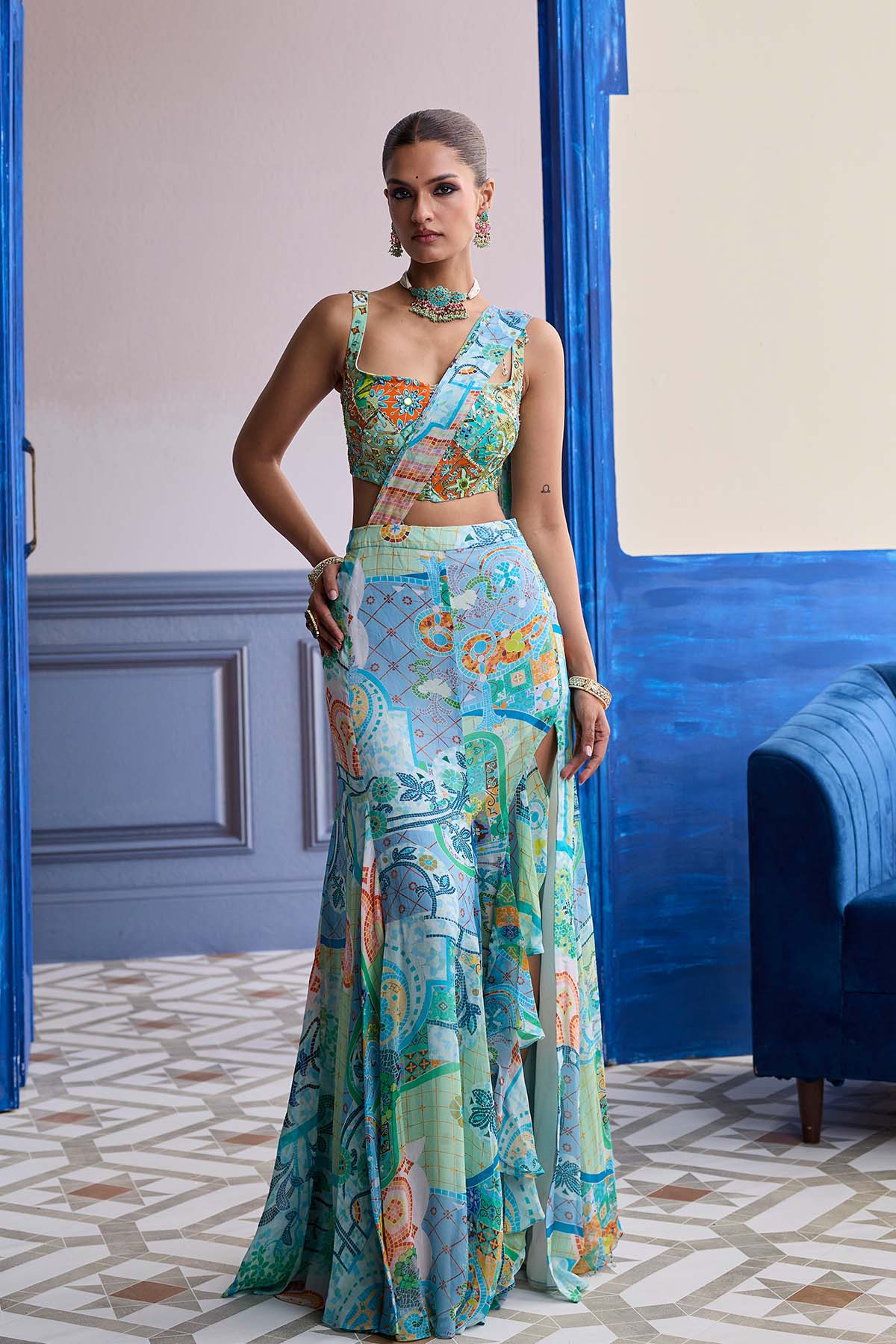 AQUA BLUE MOSAIC BLOUSE WITH RUFFLE SLIT SKIRT SAREE SET