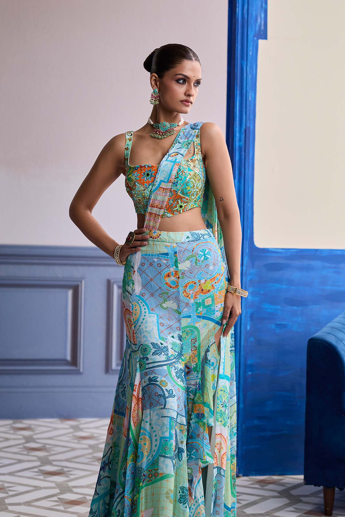 AQUA BLUE MOSAIC BLOUSE WITH RUFFLE SLIT SKIRT SAREE SET