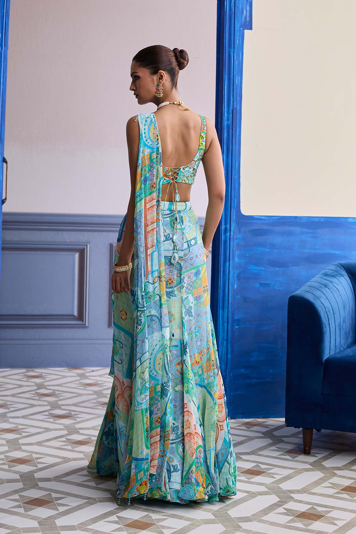 AQUA BLUE MOSAIC BLOUSE WITH RUFFLE SLIT SKIRT SAREE SET