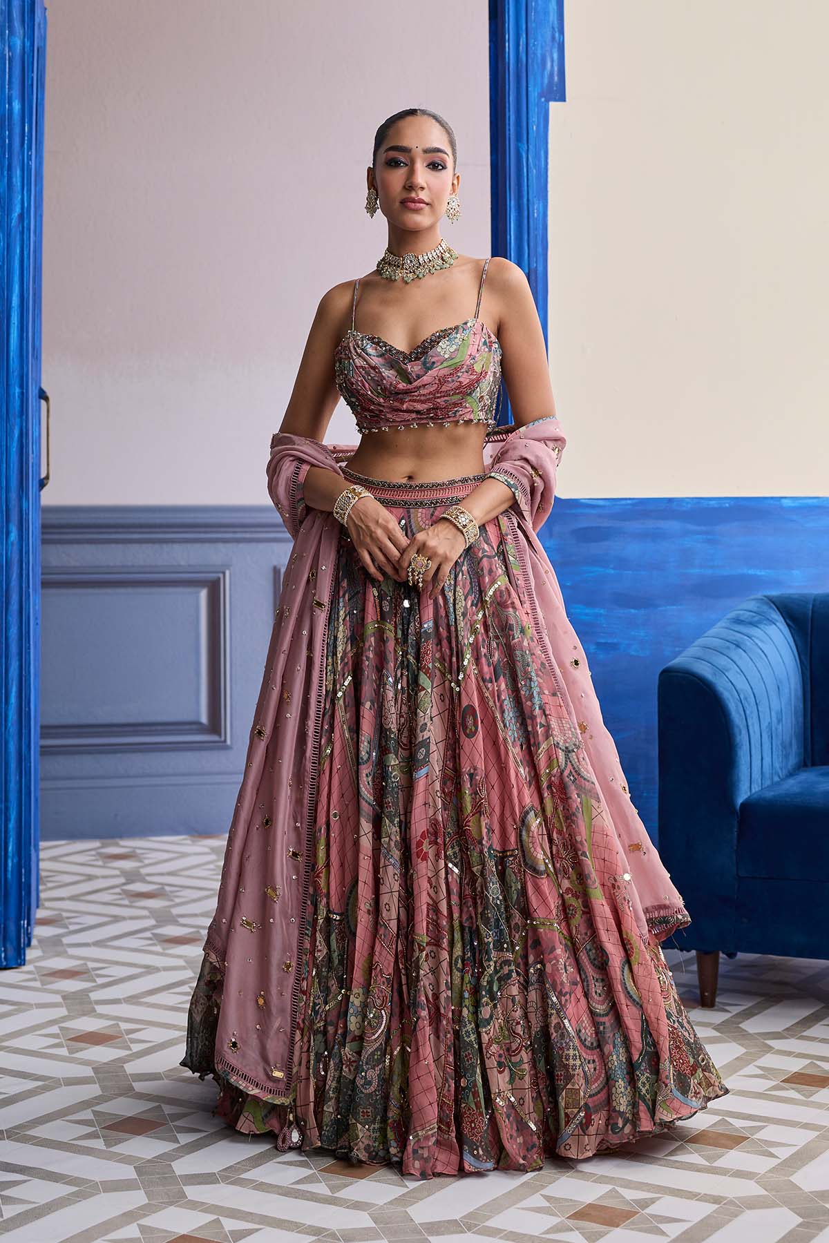 DUSK PINK HIGHLIGHTED BLOUSE WITH LEHENGA & EMBROIDERED DUPATTA SET