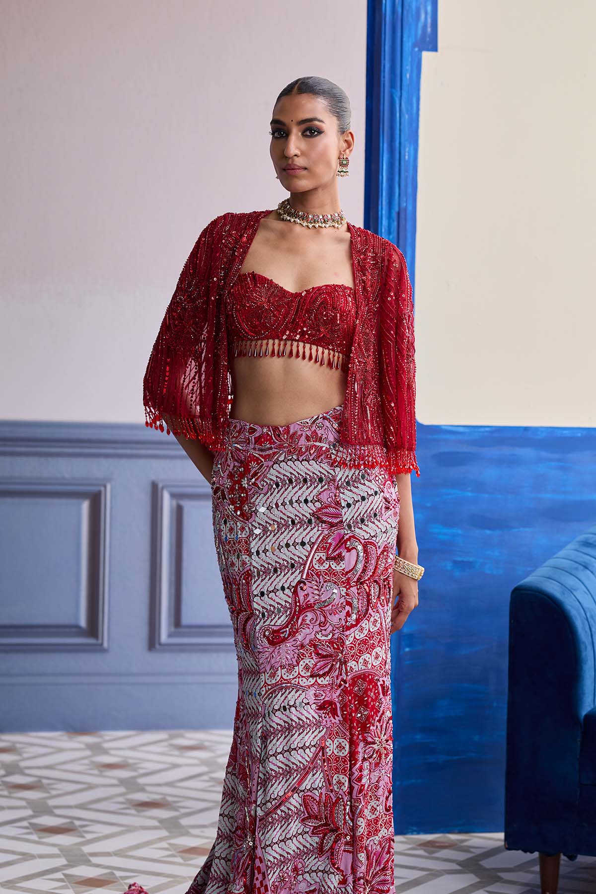 RED EMBROIDERED BLOUSE WITH TASSEL CAPE JACKET & MERMAID SKIRT SET