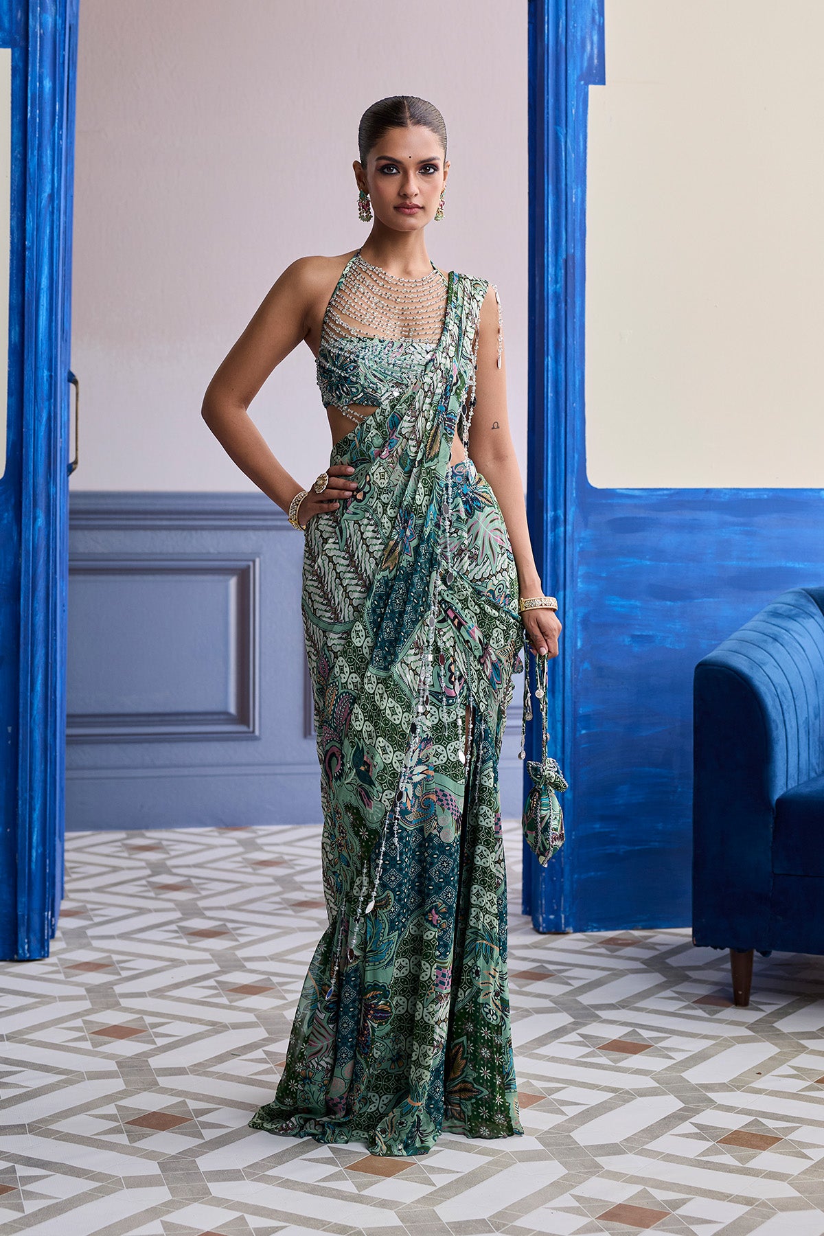 JEWELED GREEN FLORAL BLOUSE WITH SLIT SAREE & TASSEL DRAPE SET
