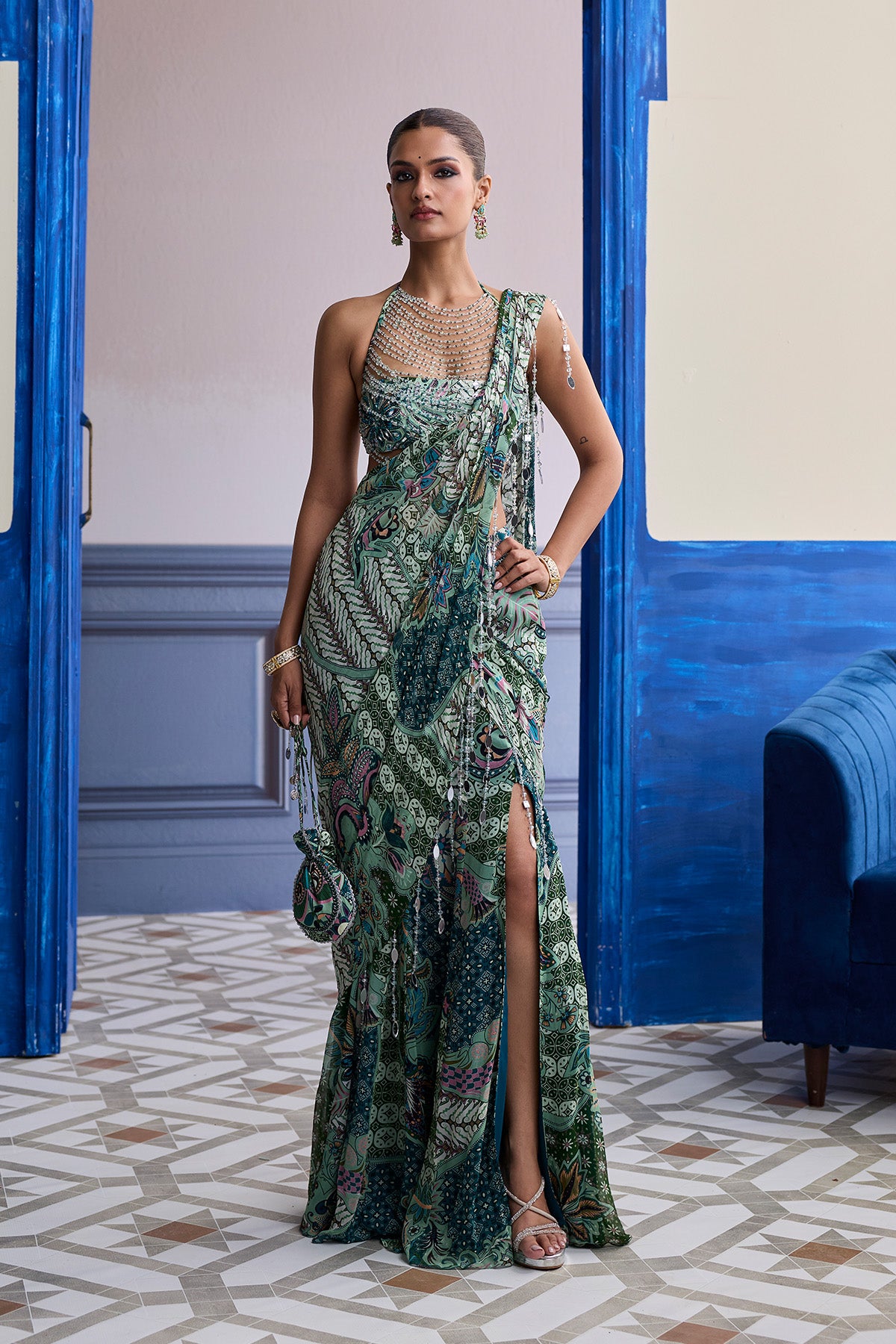 JEWELED GREEN FLORAL BLOUSE WITH SLIT SAREE & TASSEL DRAPE SET