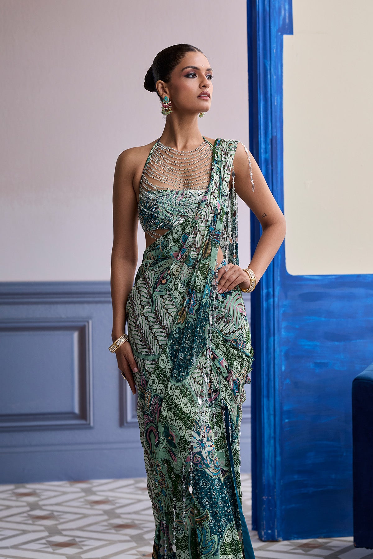 JEWELED GREEN FLORAL BLOUSE WITH SLIT SAREE & TASSEL DRAPE SET