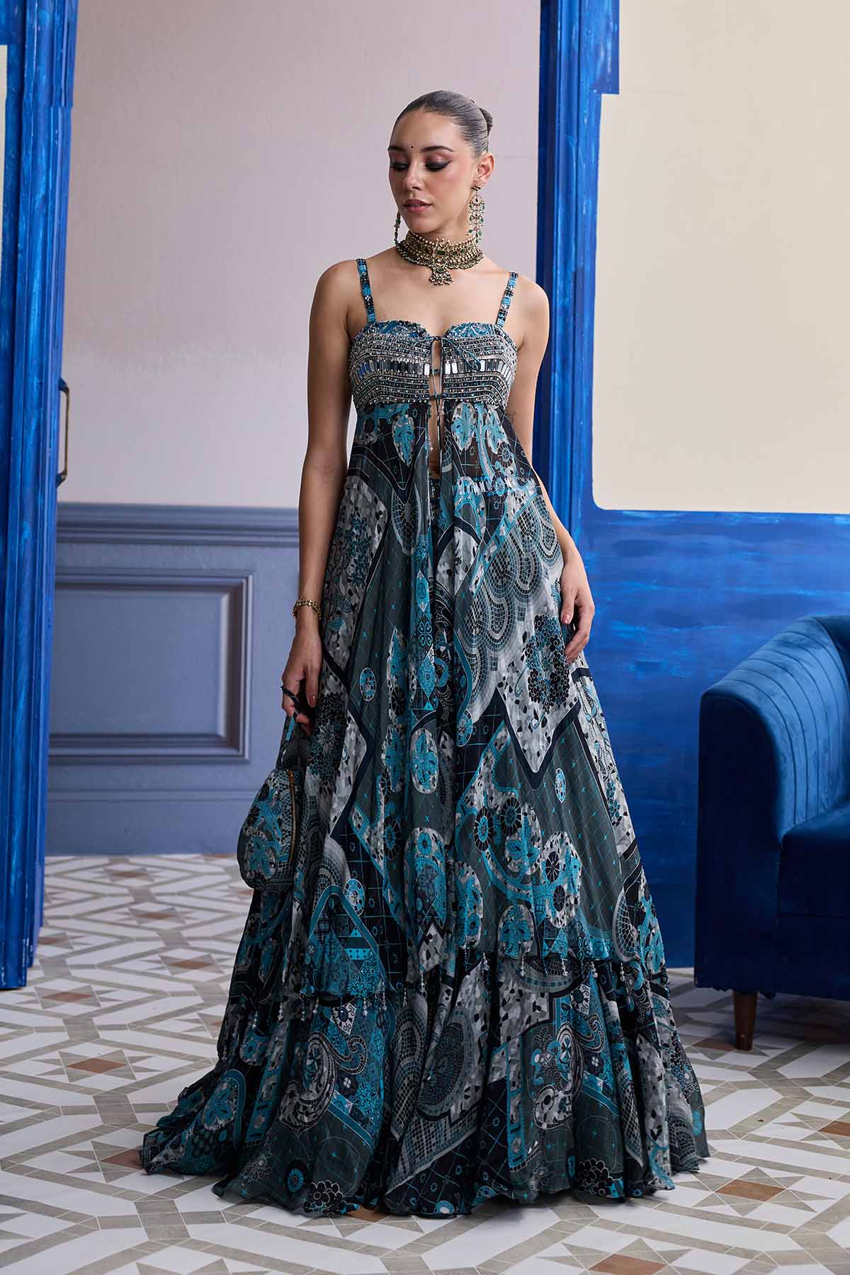TEAL & BLACK MOSAIC TUNIC BLOUSE WITH PRINTED LEHENGA SET