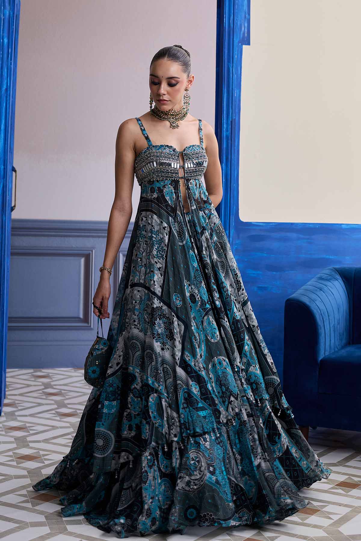 TEAL & BLACK MOSAIC TUNIC BLOUSE WITH PRINTED LEHENGA SET