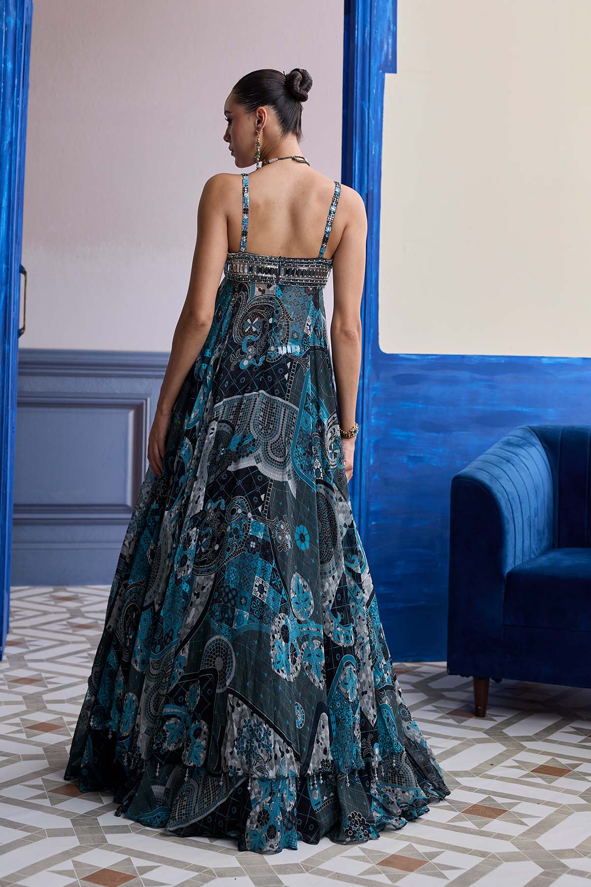TEAL & BLACK MOSAIC TUNIC BLOUSE WITH PRINTED LEHENGA SET