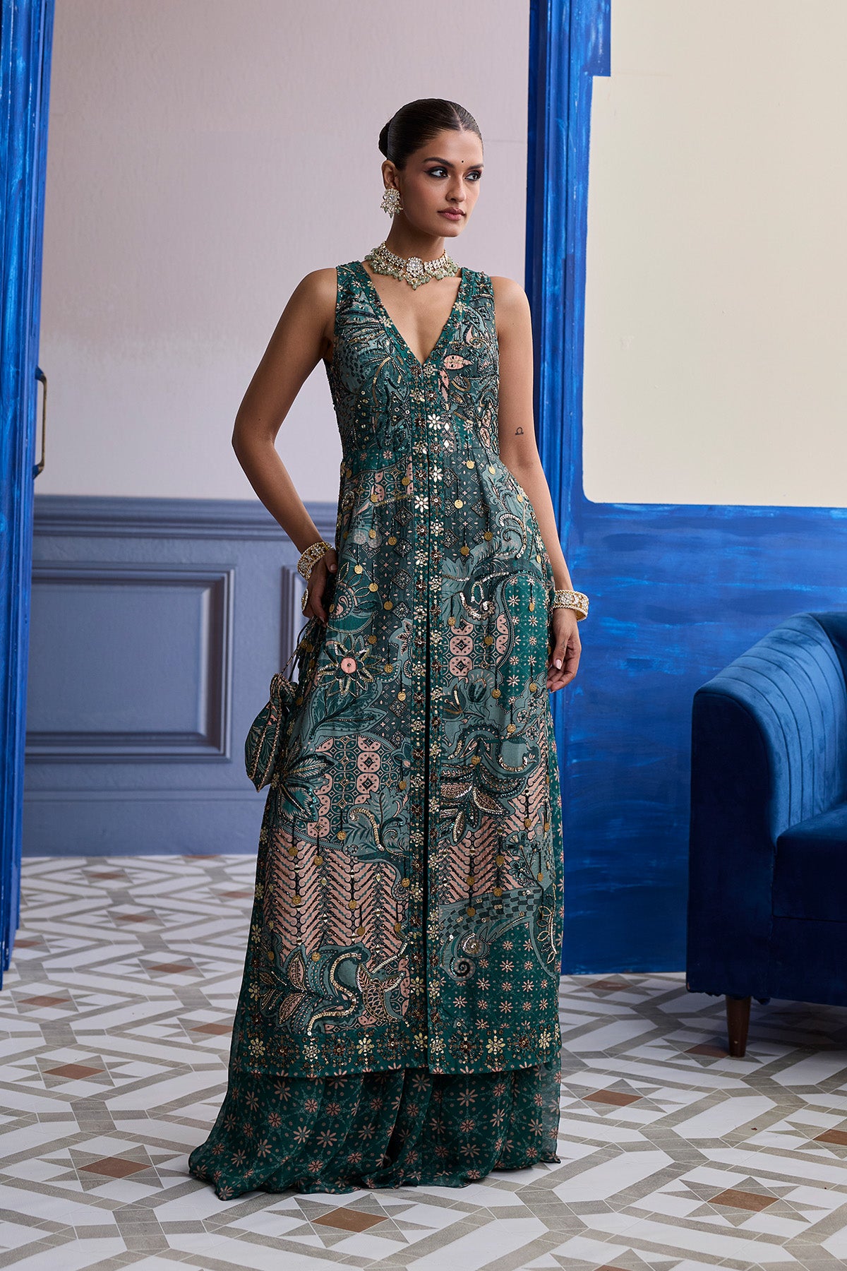 TEAL FLORAL V-NECK STRUCTURED KURTI WITH FLARED PANTS SET