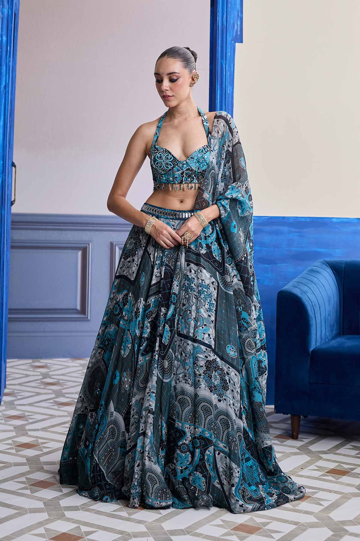 TEAL & BLACK MOSAIC HALTER BLOUSE WITH PRINTED LEHENGA & DUPATTA SET