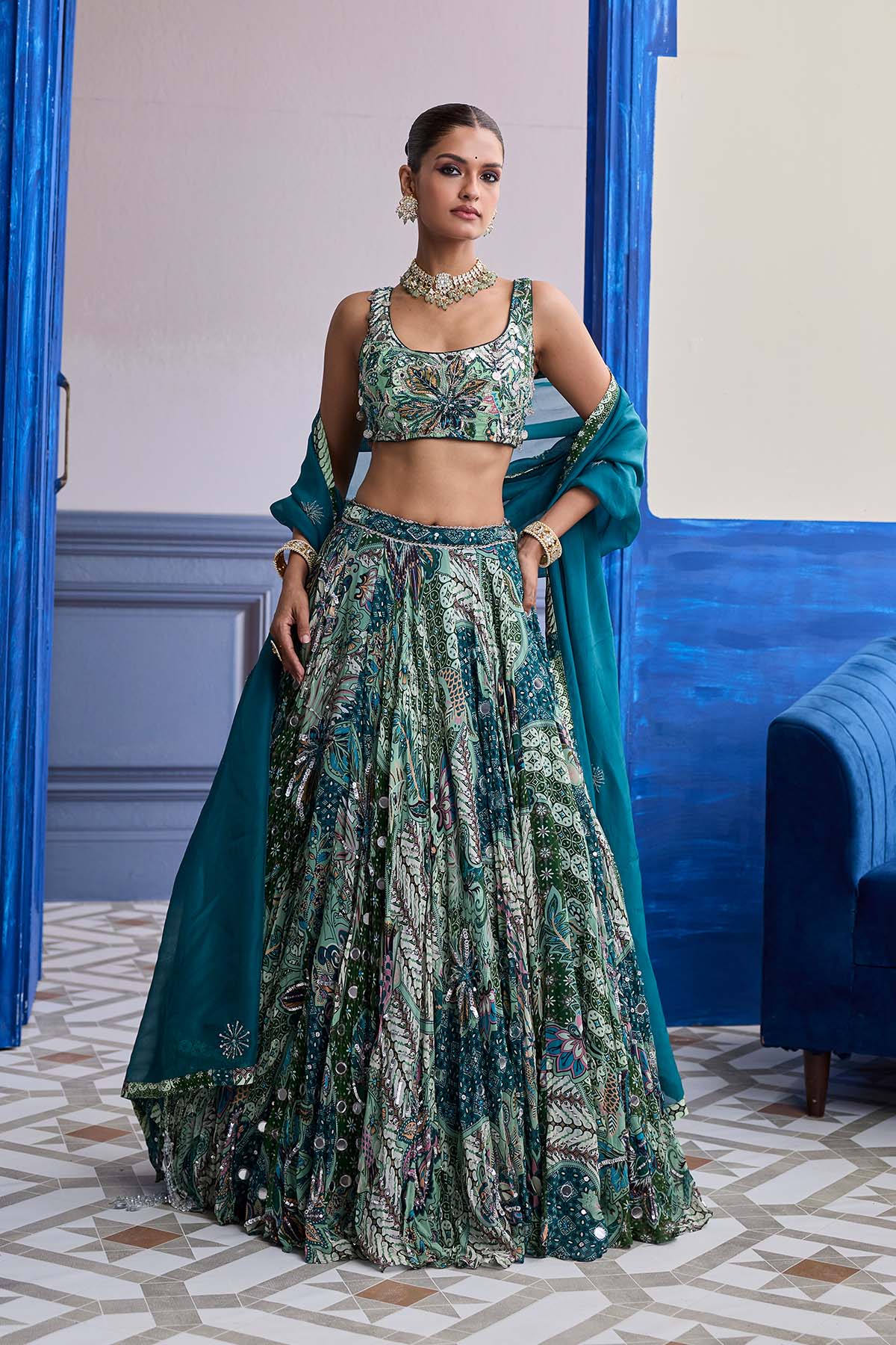 GREEN FLORAL BLOUSE WITH HIGHLIGHTED LEHENGA & EMBROIDERED DUPATTA SET