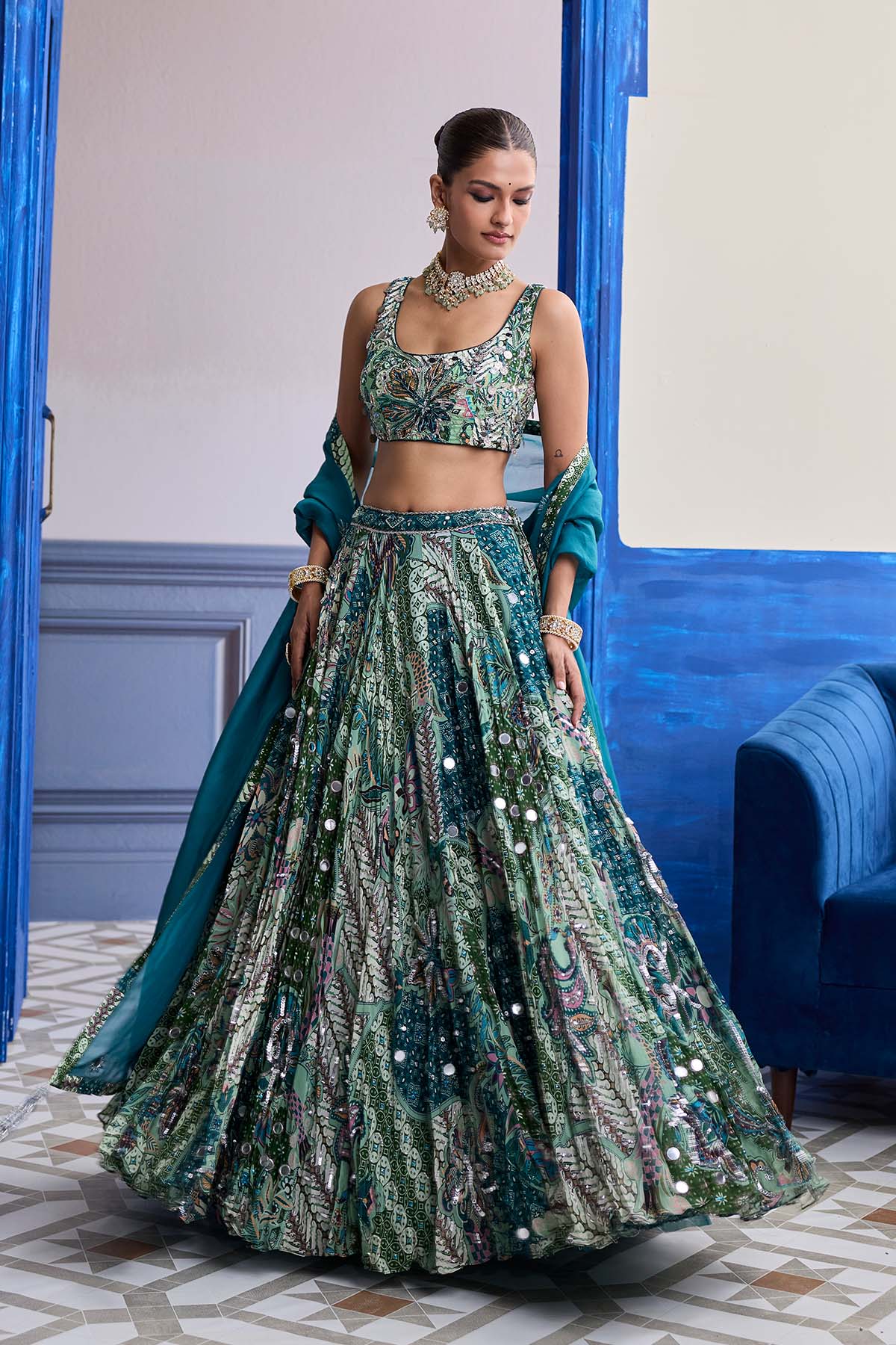 GREEN FLORAL BLOUSE WITH HIGHLIGHTED LEHENGA & EMBROIDERED DUPATTA SET