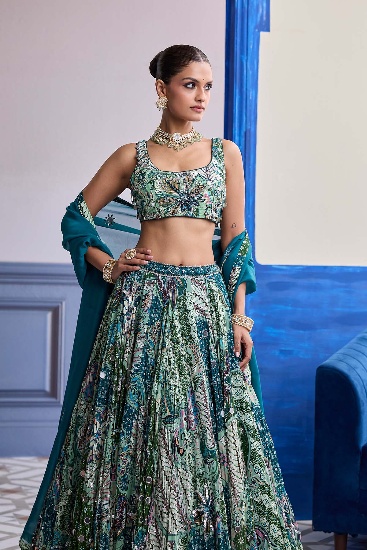 GREEN FLORAL BLOUSE WITH HIGHLIGHTED LEHENGA & EMBROIDERED DUPATTA SET