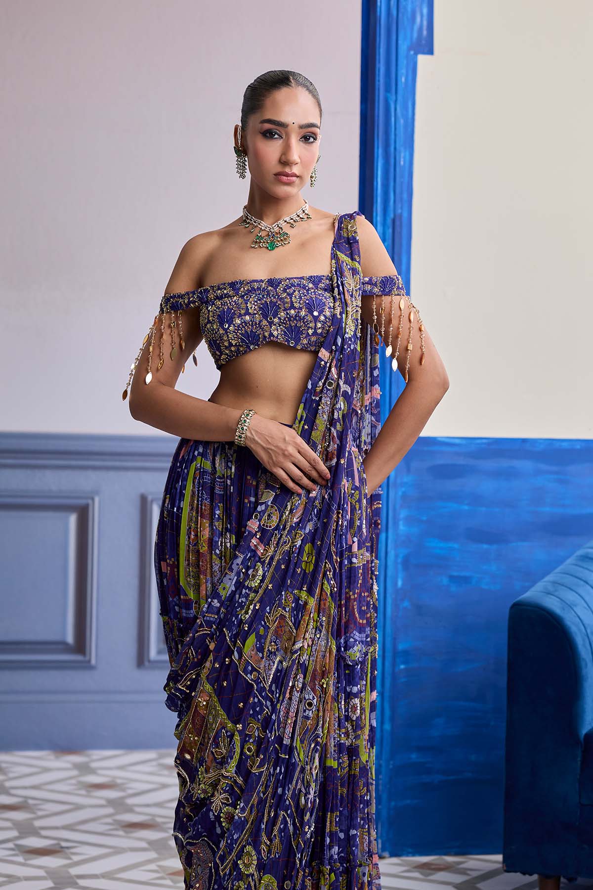 VIOLET MOSAIC OFF-SHOULDER BLOUSE WITH DRAPE TIERED SKIRT SAREE SET