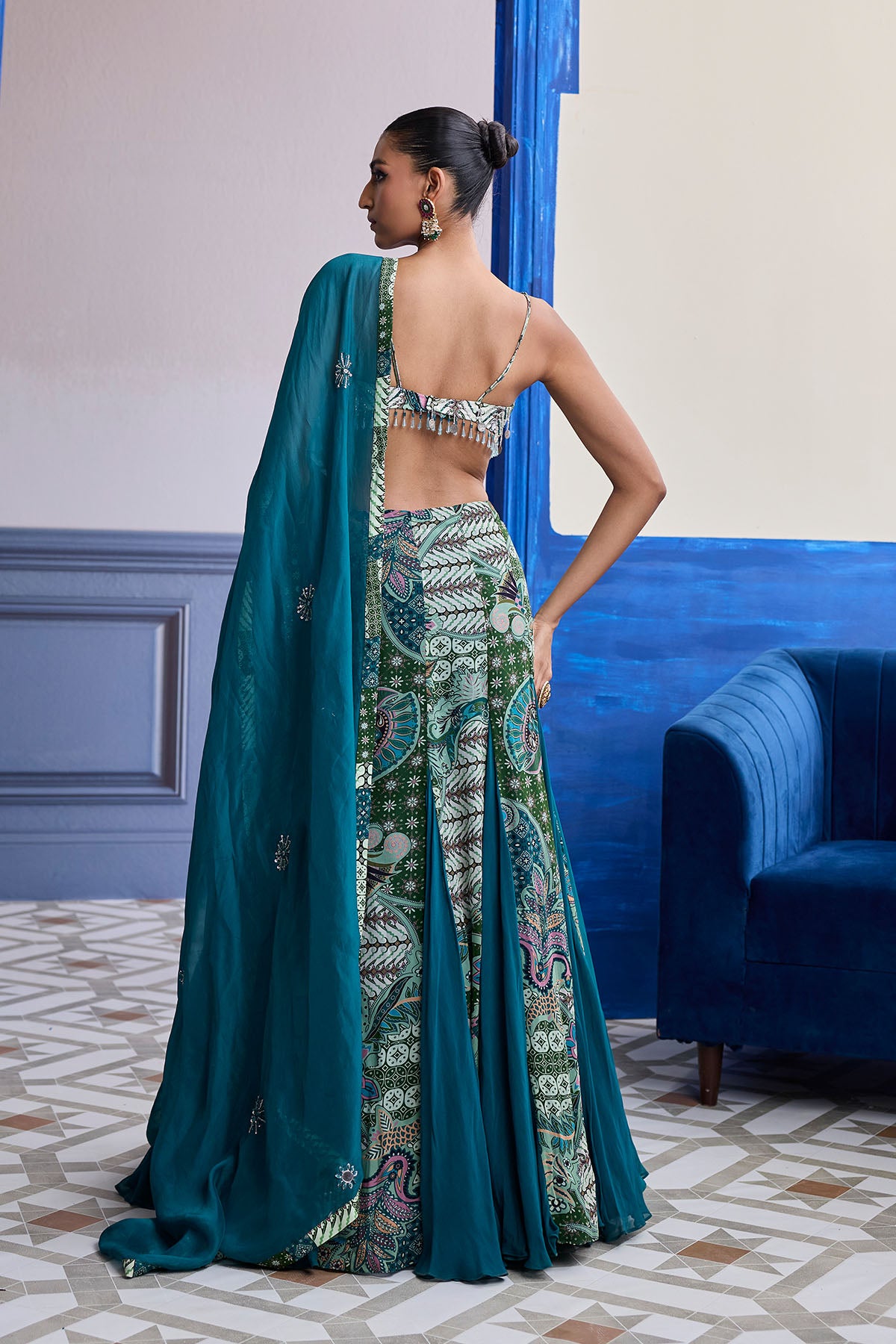 GREEN FLORAL BLOUSE WITH GODET SKIRT & EMBROIDERED DUPATTA SET