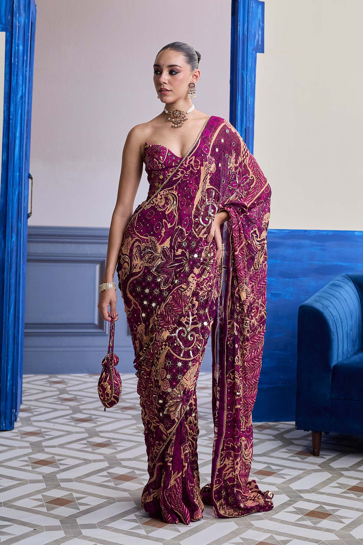 MAGENTA FLORAL CORSET WITH DRAPE CLASSIC SKIRT SAREE SET