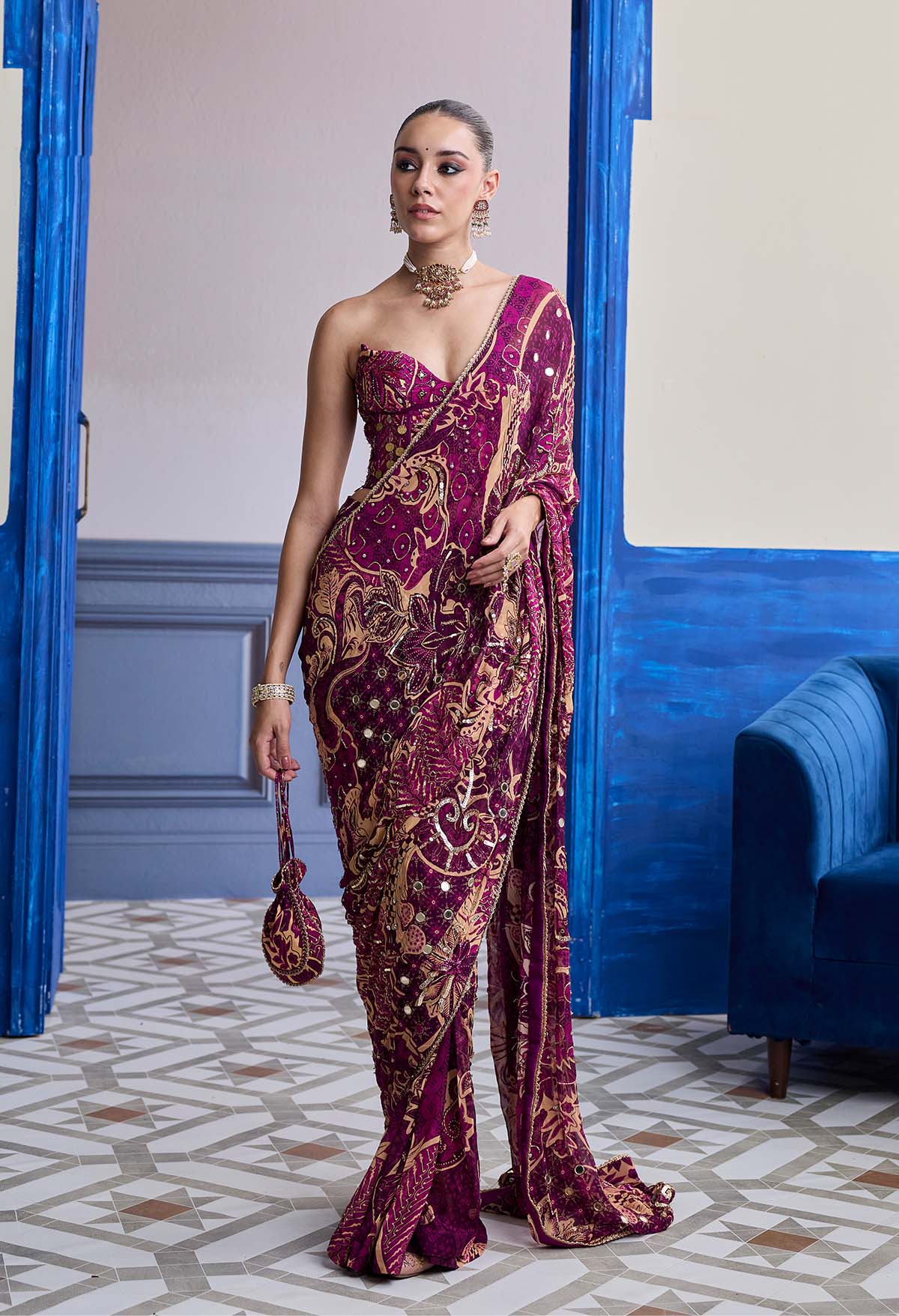 MAGENTA FLORAL CORSET WITH DRAPE CLASSIC SKIRT SAREE SET