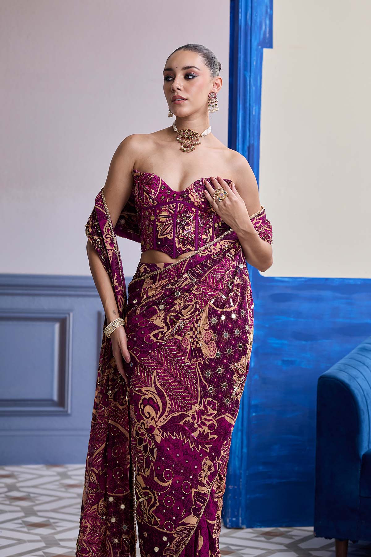 MAGENTA FLORAL CORSET WITH DRAPE CLASSIC SKIRT SAREE SET
