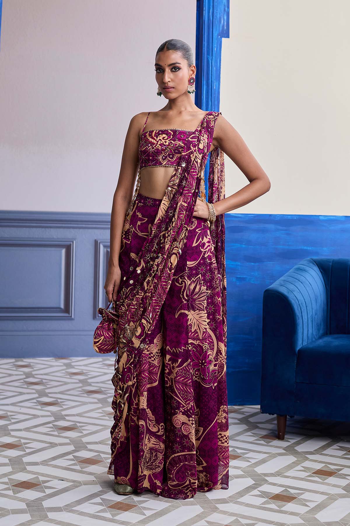 MAGENTA FLORAL TASSEL BLOUSE WITH DRAPE SHARARA SAREE SET