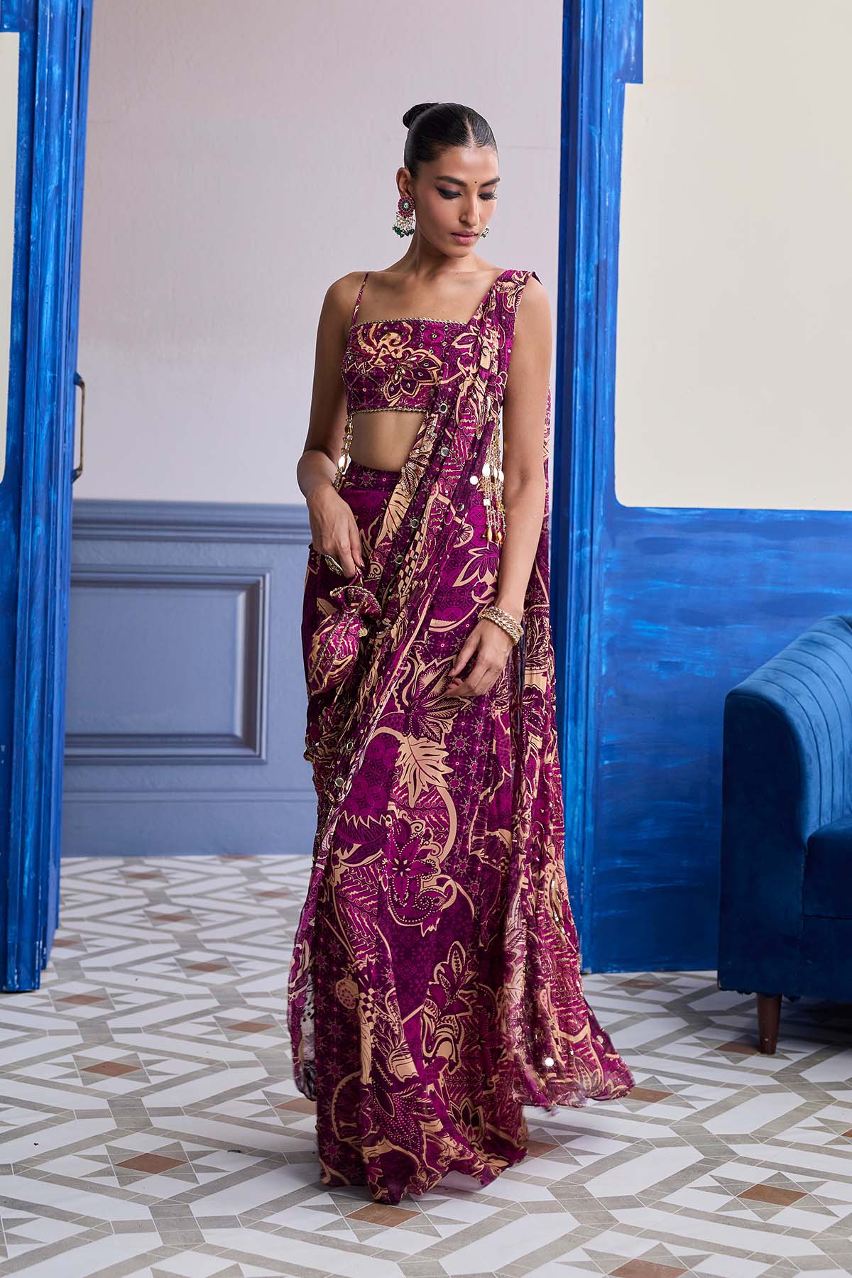 MAGENTA FLORAL TASSEL BLOUSE WITH DRAPE SHARARA SAREE SET