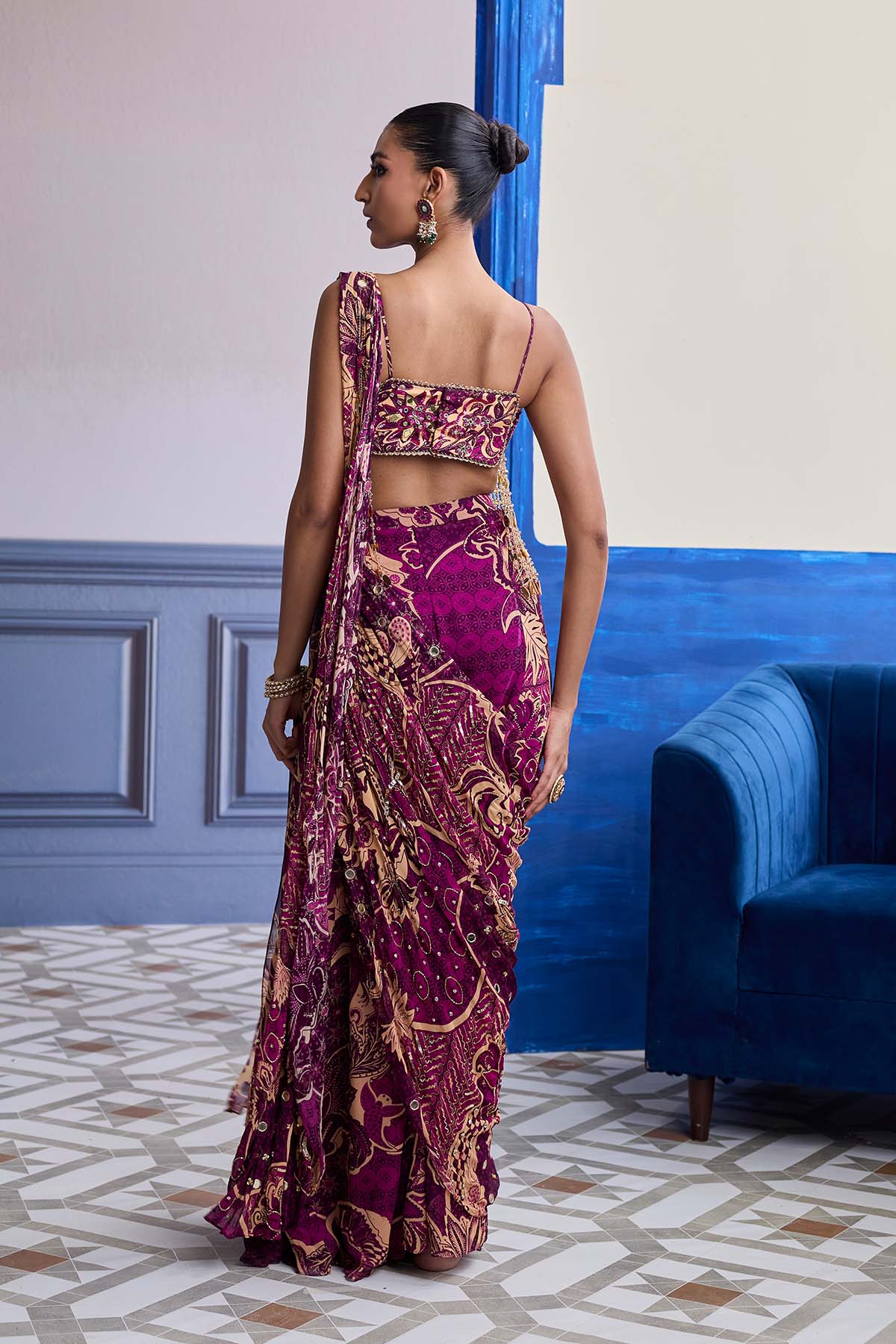 MAGENTA FLORAL TASSEL BLOUSE WITH DRAPE SHARARA SAREE SET