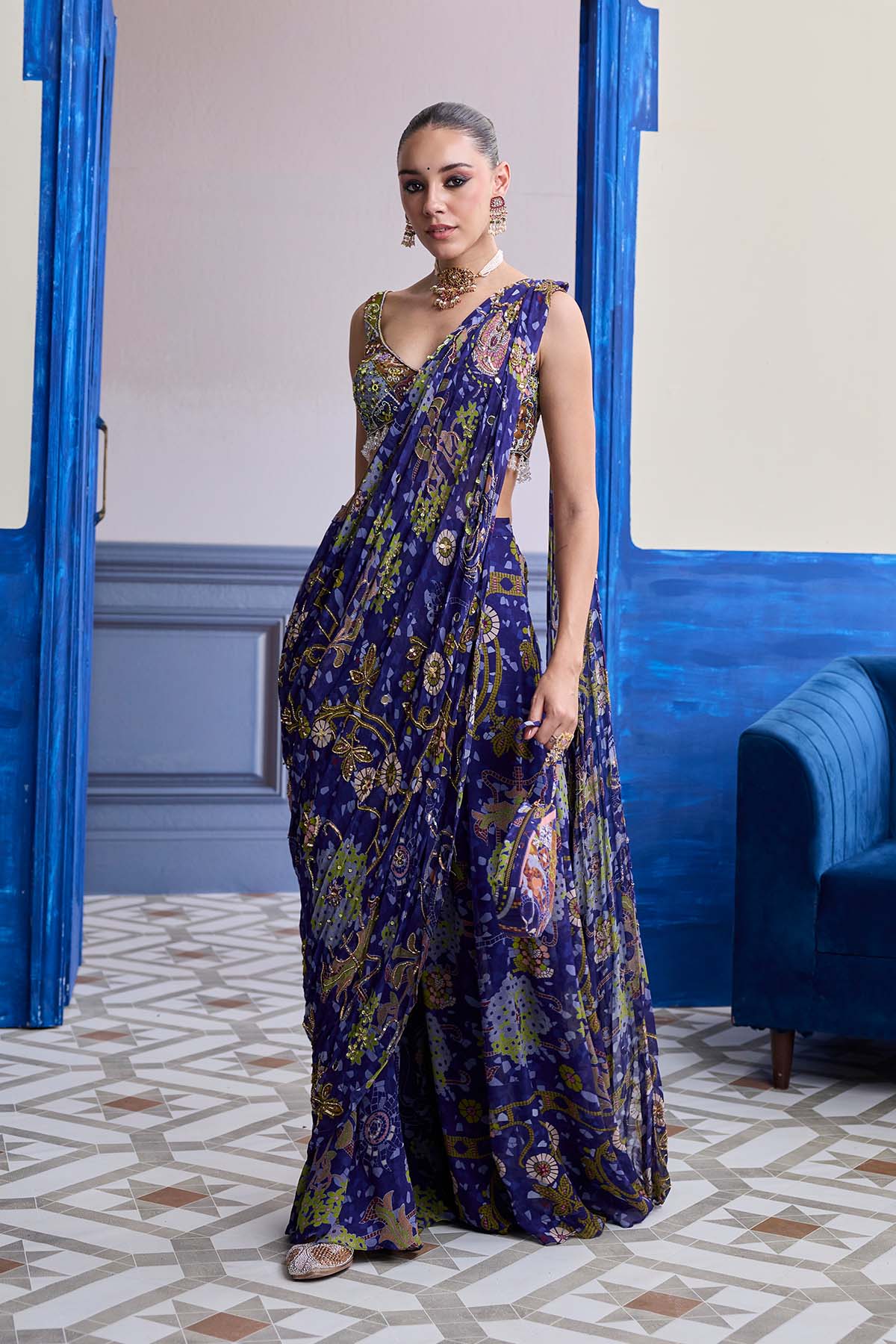 VIOLET MOSAIC BLOUSE WITH DRAPE SHARARA SAREE SET