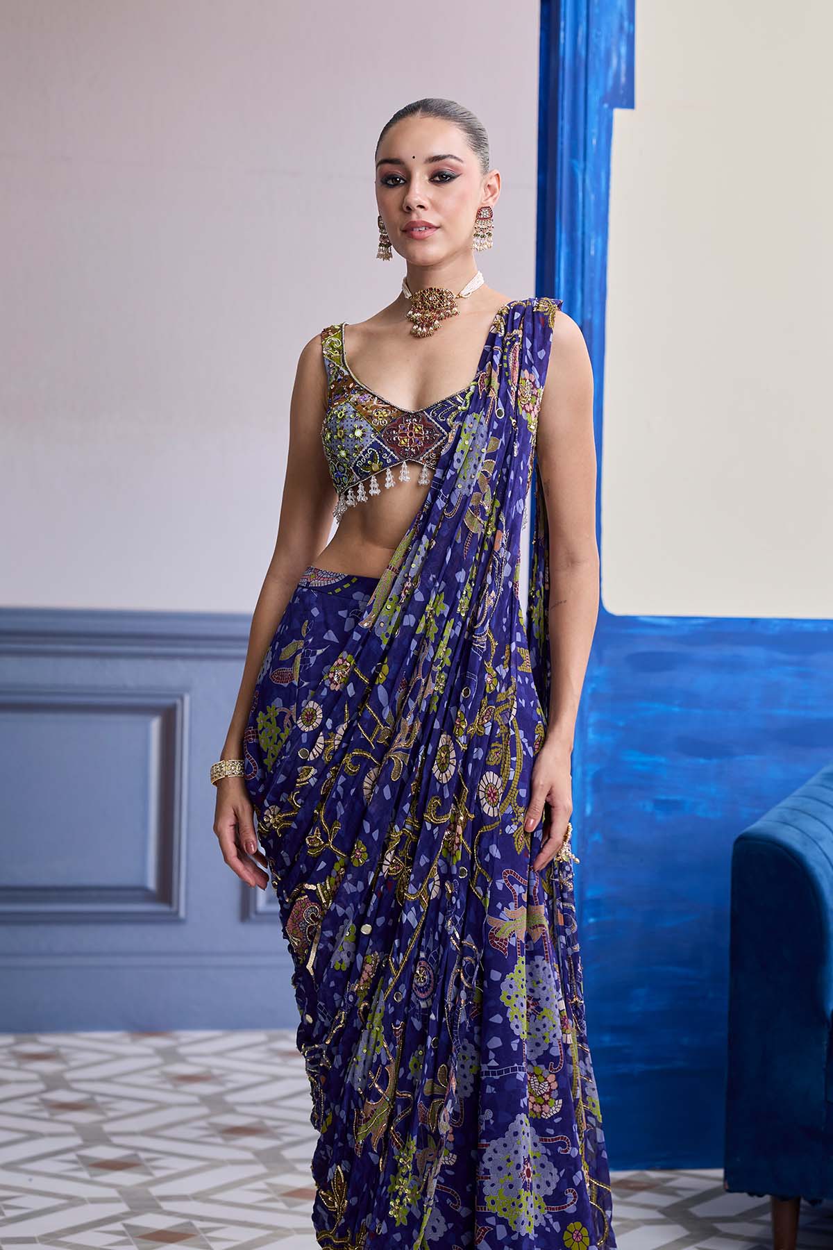 VIOLET MOSAIC BLOUSE WITH DRAPE SHARARA SAREE SET