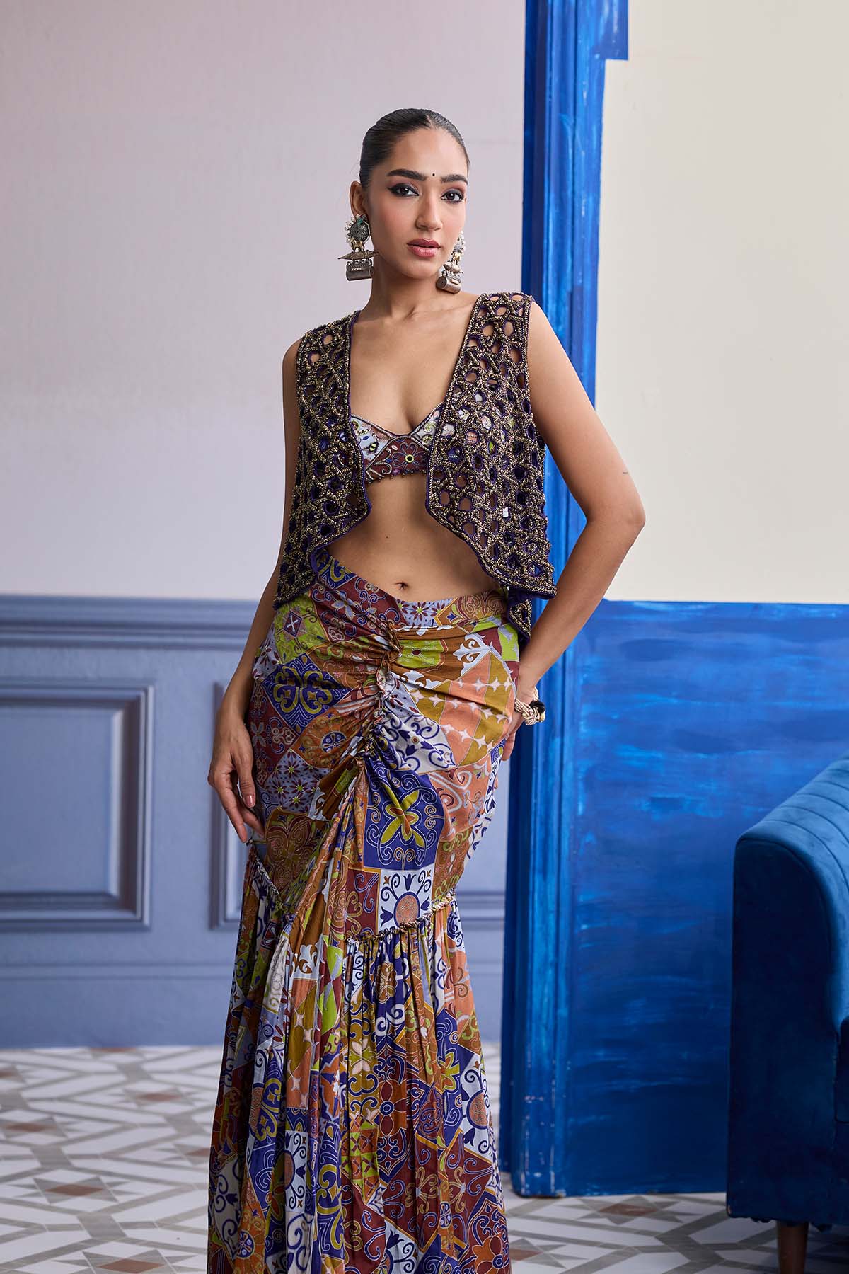 VIOLET MOSAIC BUSTIER WITH CUTWORK JACKET & GATHERED DHOTI SKIRT SET