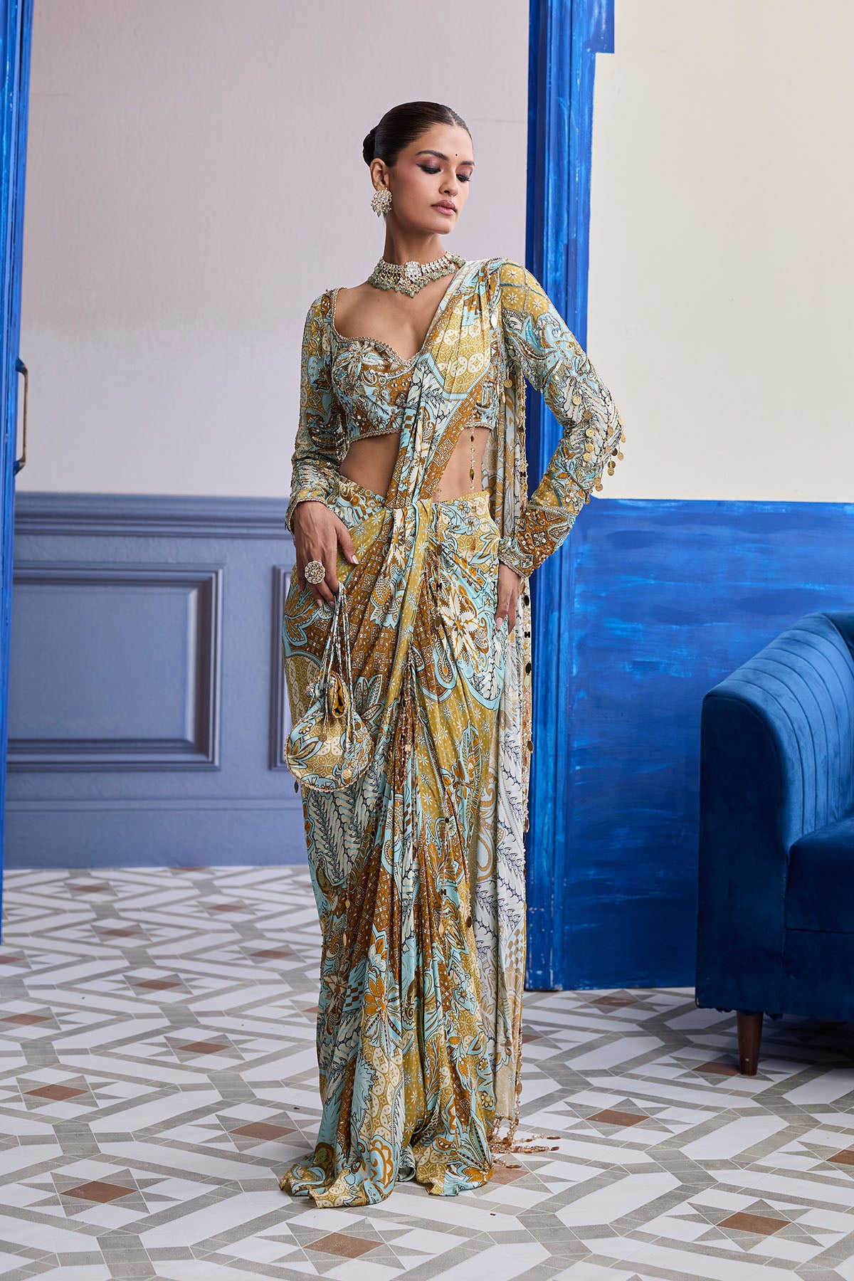 YELLOW FLORAL BLOUSE WITH COORDINATED PRINTED DHOTI SAREE SET