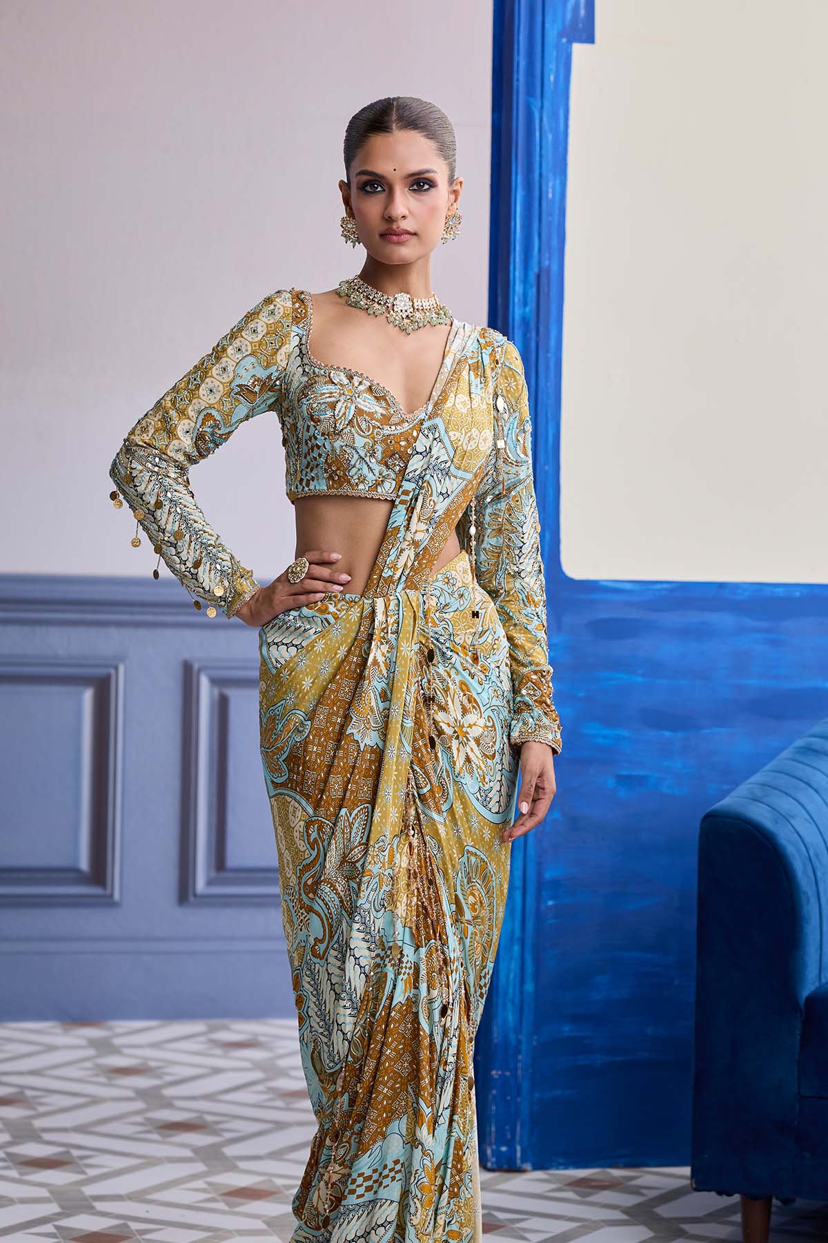 YELLOW FLORAL BLOUSE WITH COORDINATED PRINTED DHOTI SAREE SET