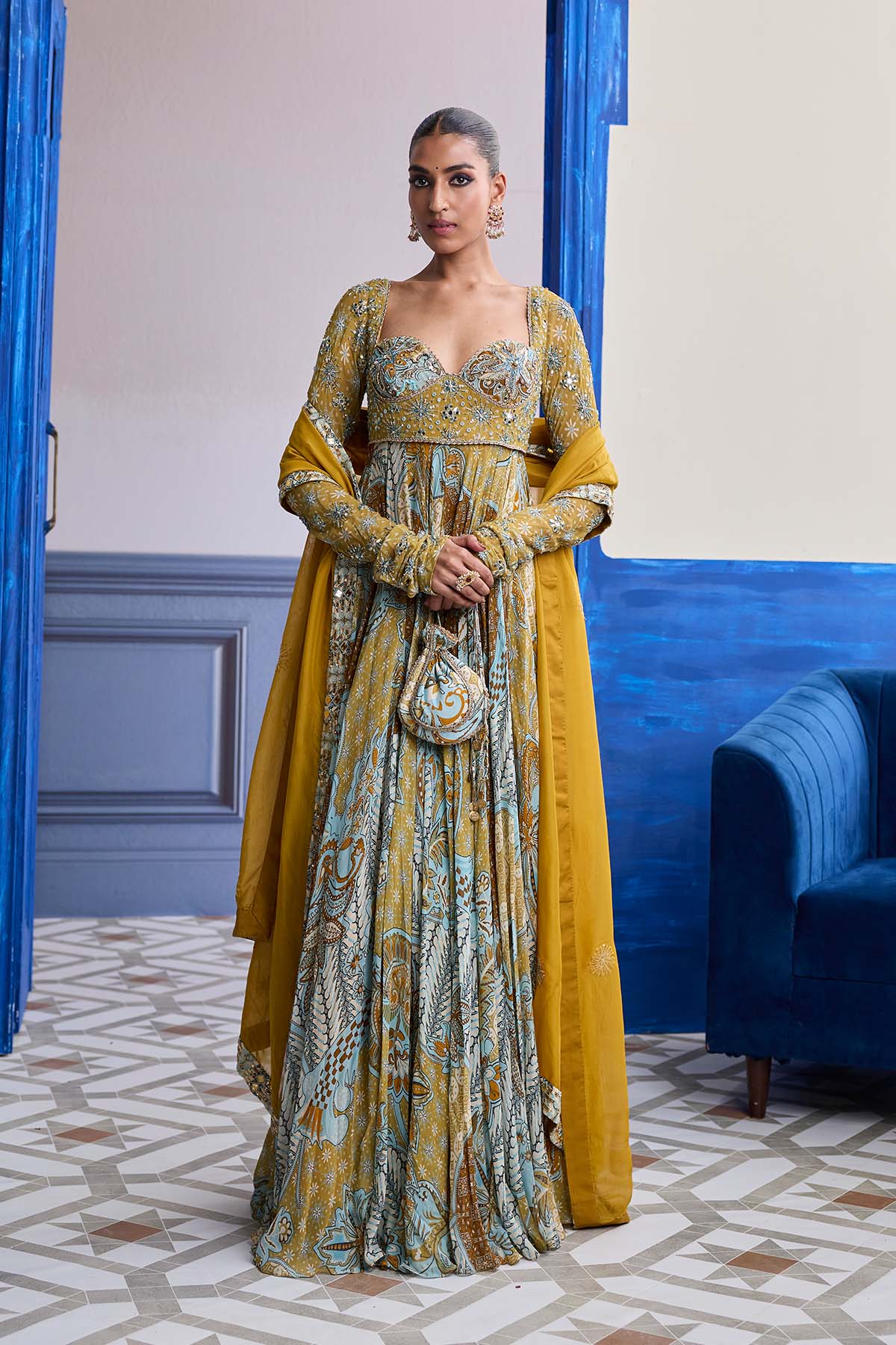 YELLOW FLORAL ANARKALI WITH EMBROIDERED SOLID DUPATTA SET