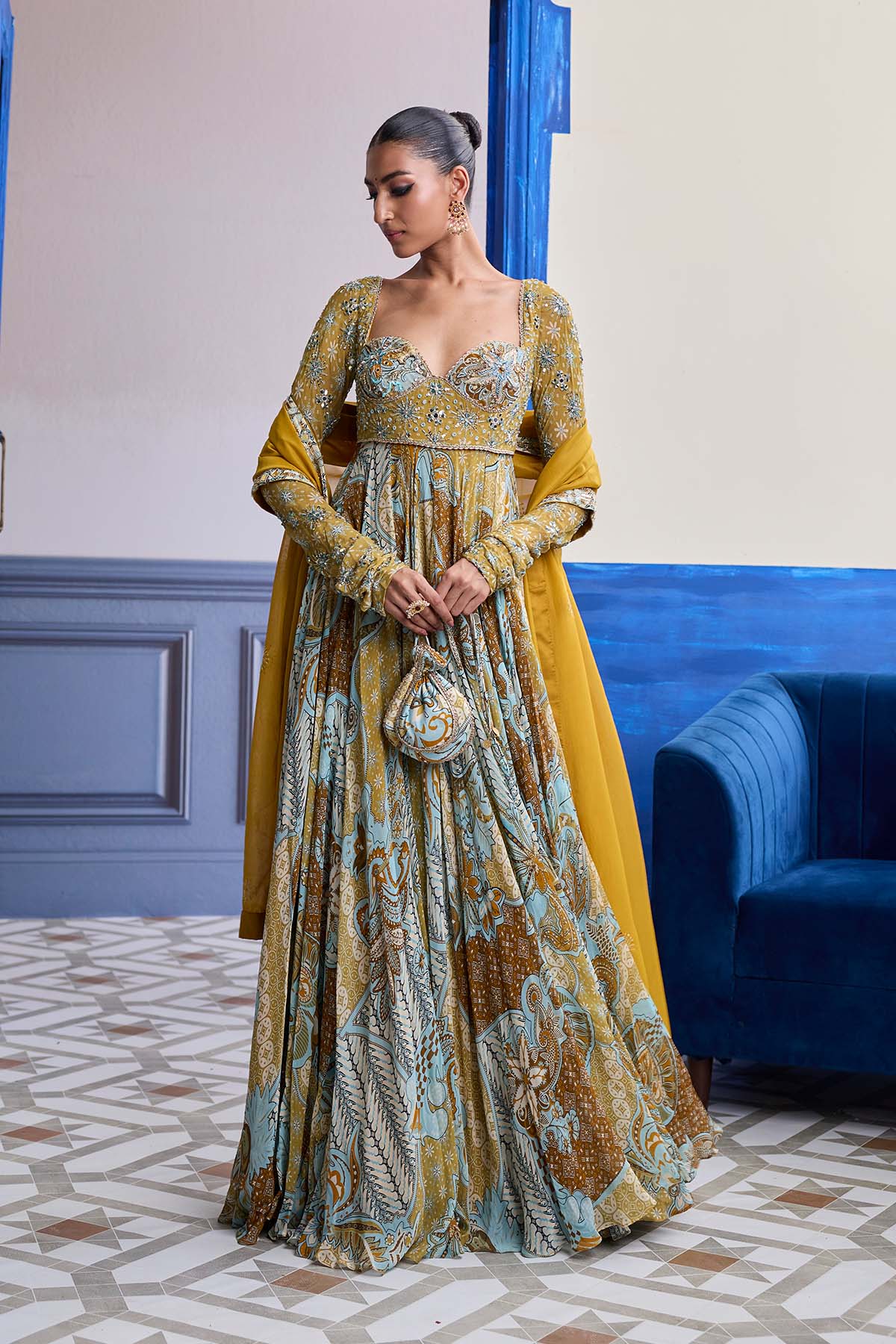 YELLOW FLORAL ANARKALI WITH EMBROIDERED SOLID DUPATTA SET