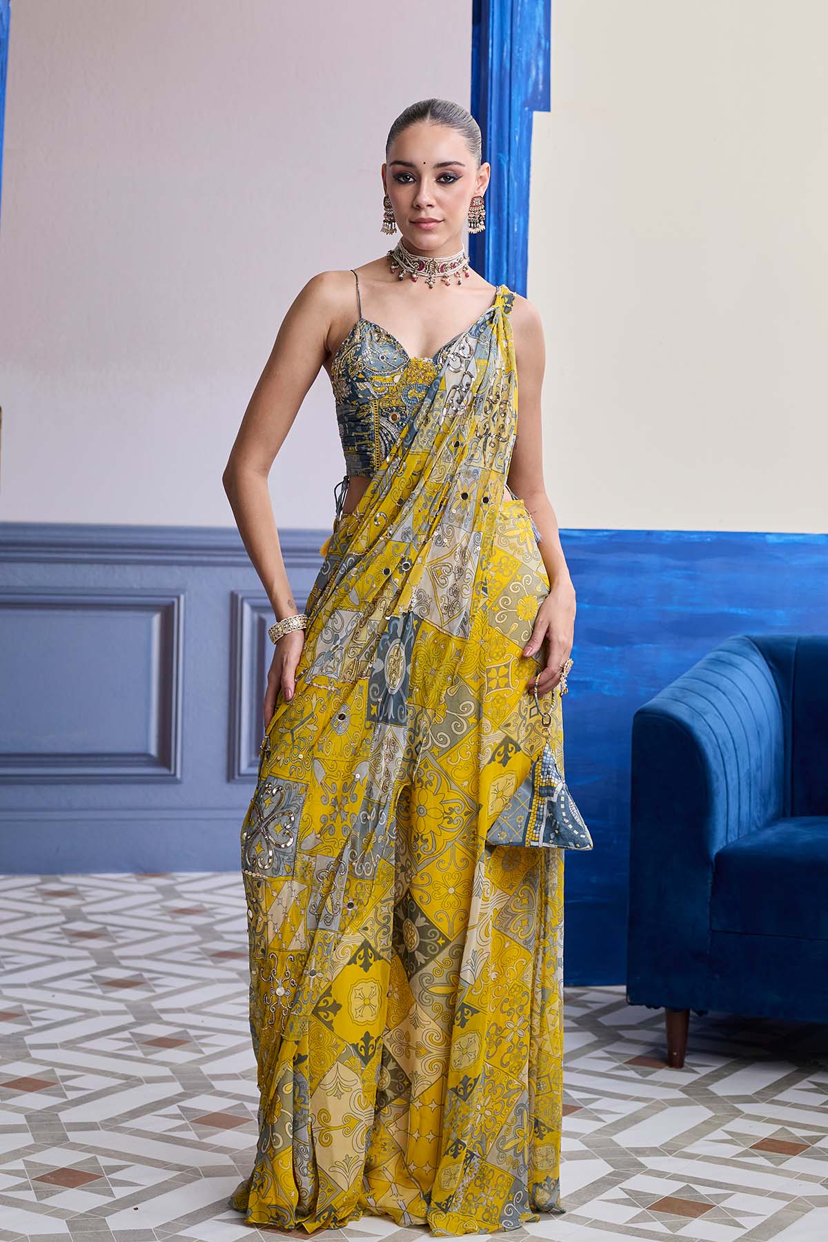 YELLOW GREY MOSAIC RUCHED CORSET WITH DRAPE SHARARA SAREE SET