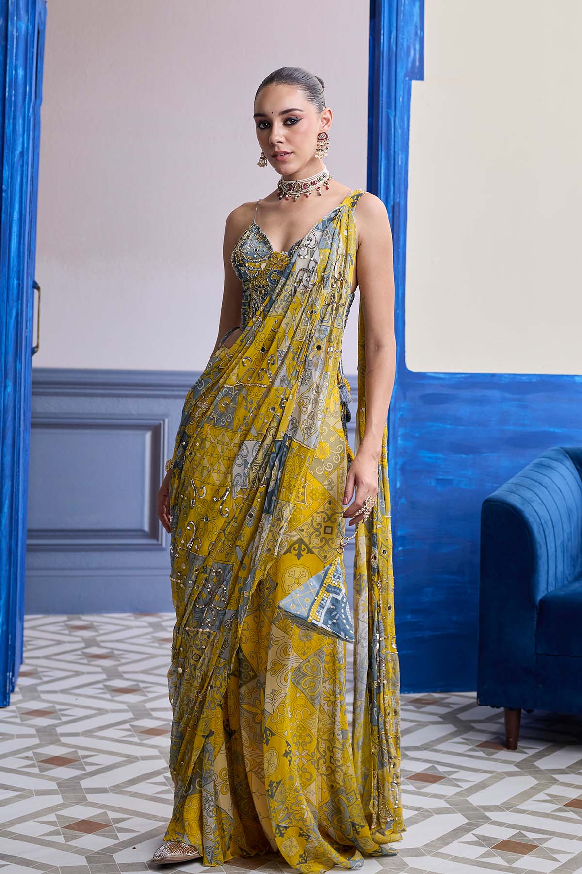 YELLOW GREY MOSAIC RUCHED CORSET WITH DRAPE SHARARA SAREE SET