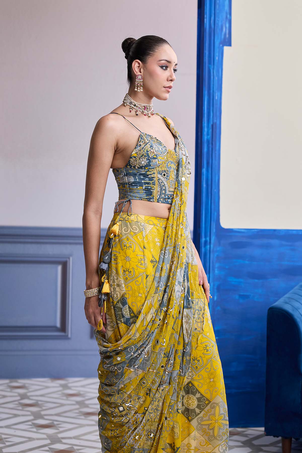 YELLOW GREY MOSAIC RUCHED CORSET WITH DRAPE SHARARA SAREE SET