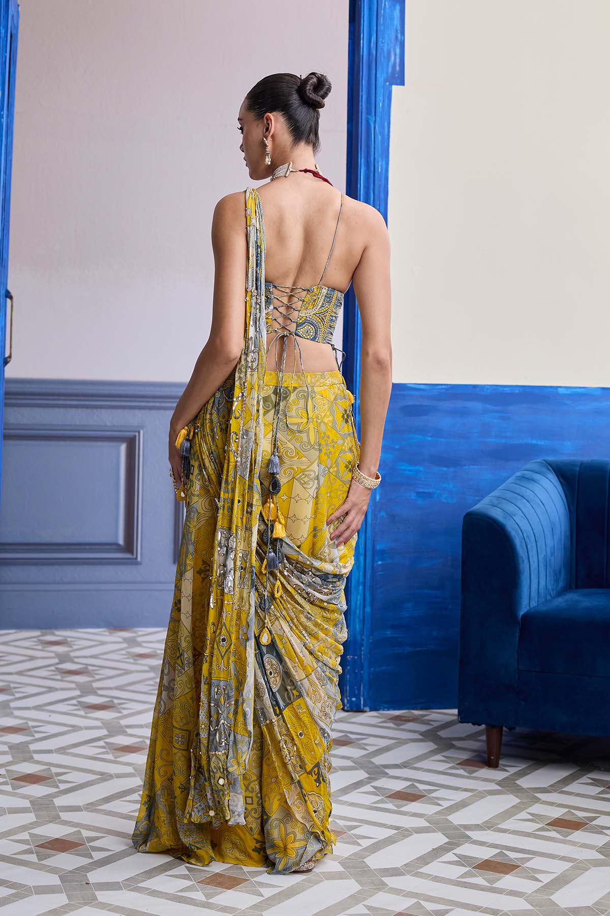 YELLOW GREY MOSAIC RUCHED CORSET WITH DRAPE SHARARA SAREE SET