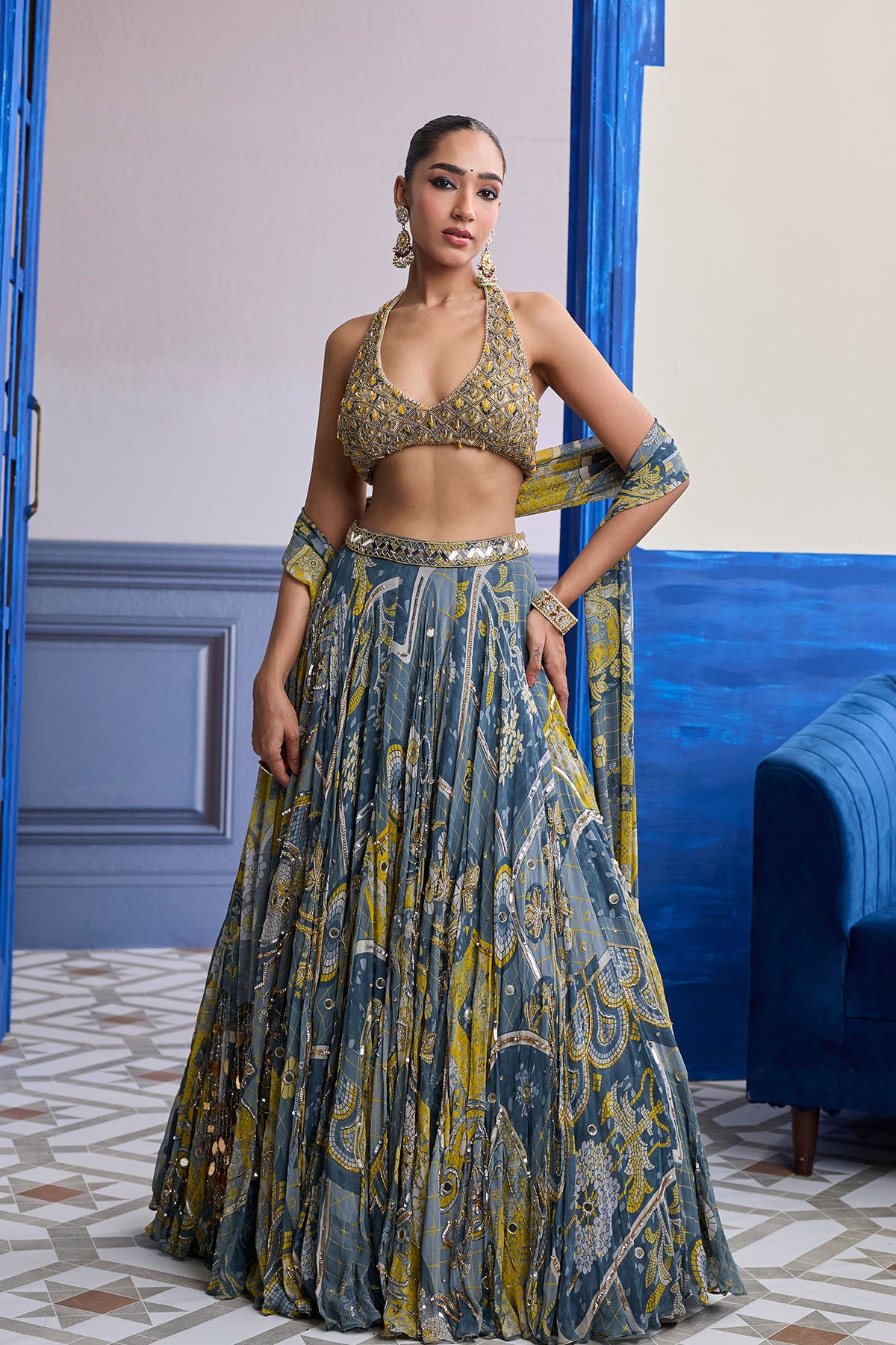 GREY & YELLOW EMBROIDERED BLOUSE WITH HIGHLIGHTED LEHENGA & TASSEL DUPATTA SET