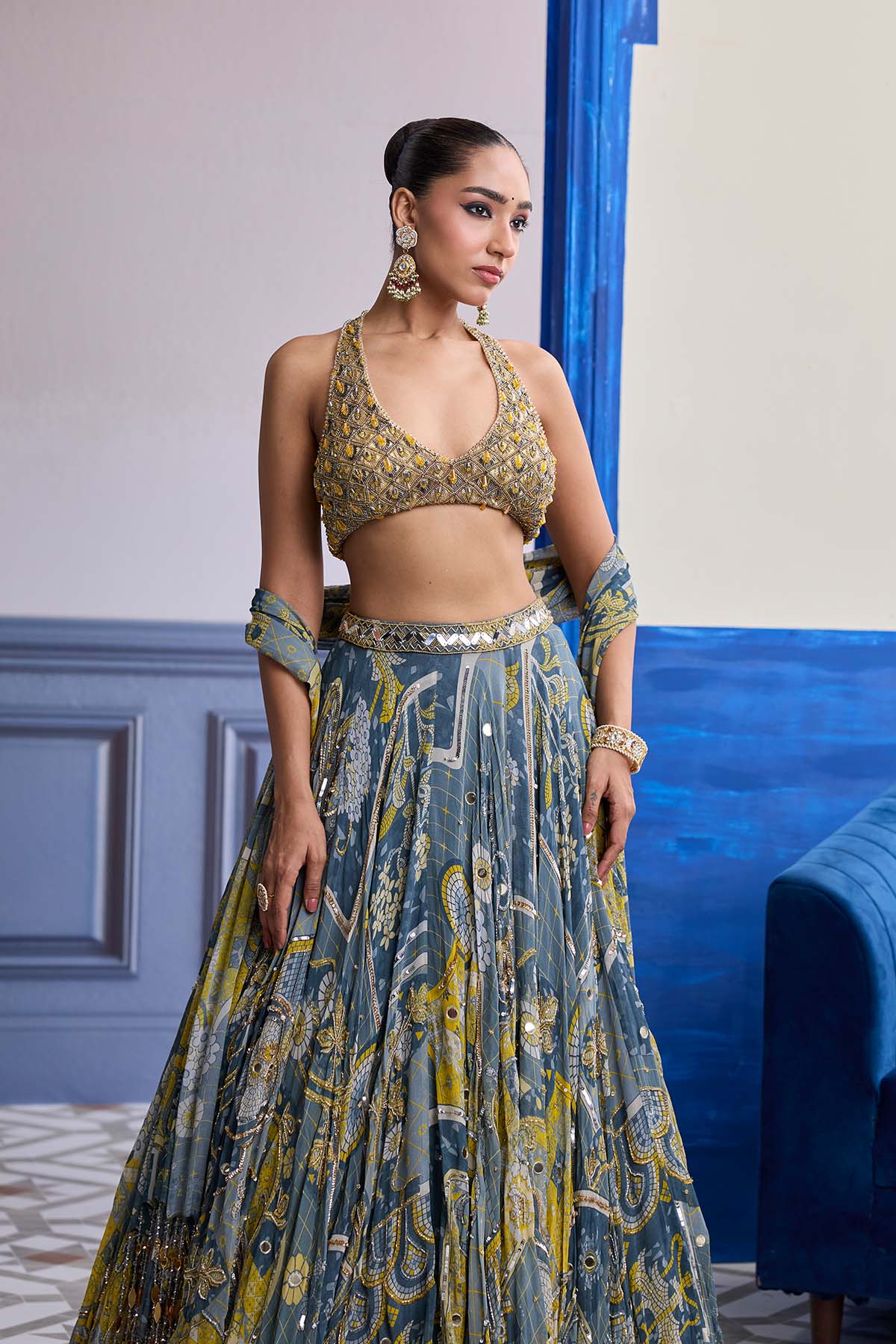 GREY & YELLOW EMBROIDERED BLOUSE WITH HIGHLIGHTED LEHENGA & TASSEL DUPATTA SET