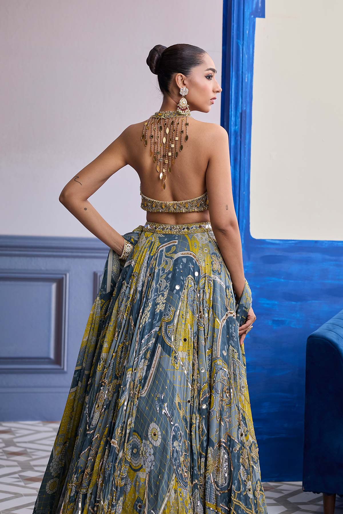 GREY & YELLOW EMBROIDERED BLOUSE WITH HIGHLIGHTED LEHENGA & TASSEL DUPATTA SET