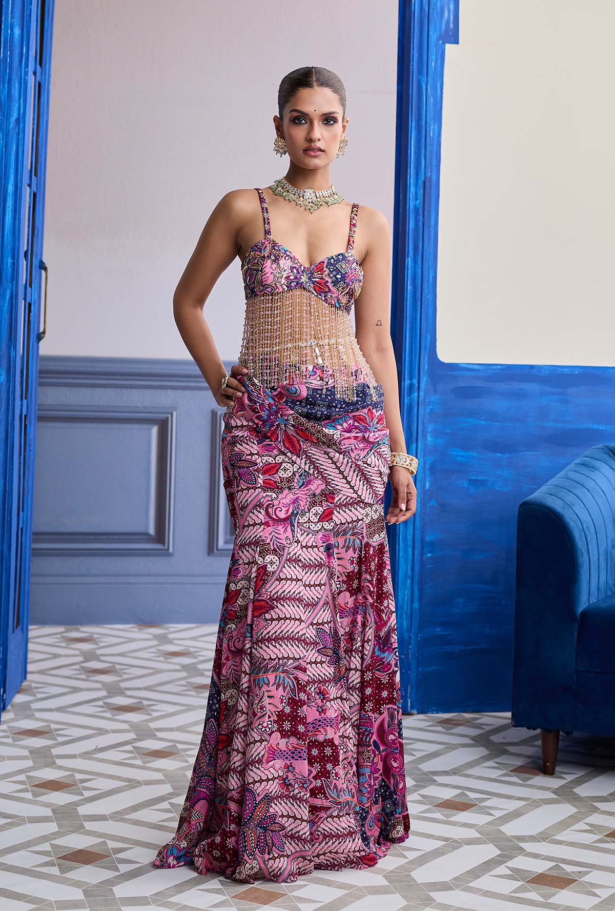 FUCHSIA FLORAL TASSEL BLOUSE WITH COWL STRUCTURED SKIRT SET