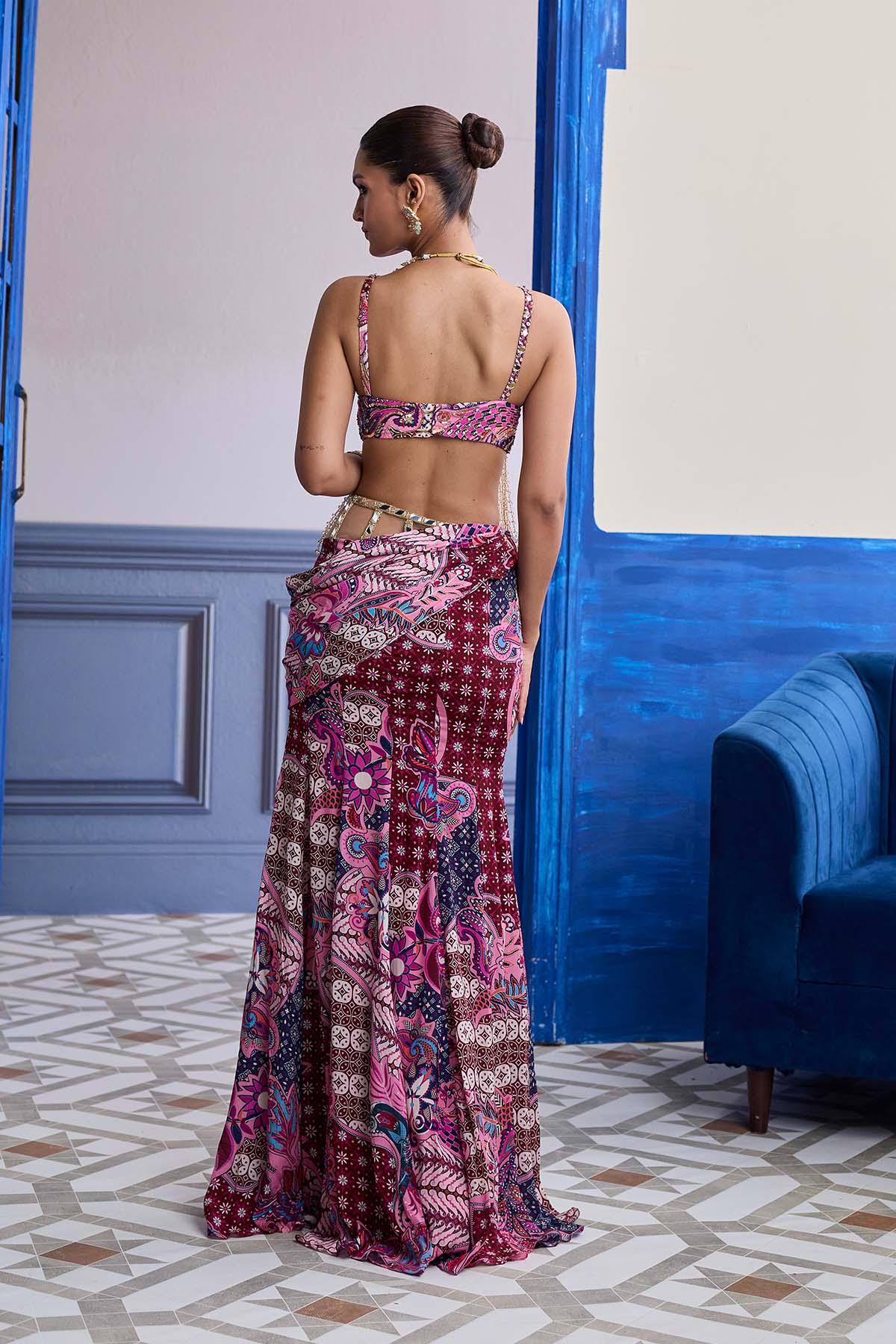FUCHSIA FLORAL TASSEL BLOUSE WITH COWL STRUCTURED SKIRT SET