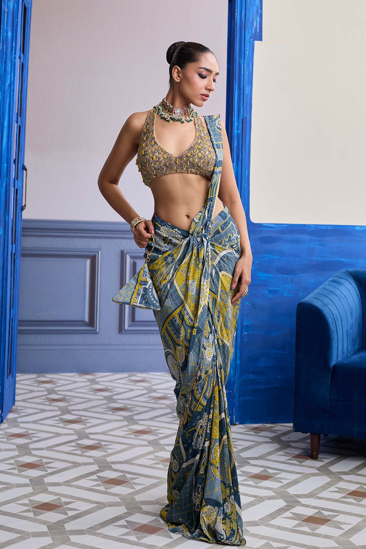 GREY & YELLOW GEOMETRIC HALTER BLOUSE WITH DHOTI SKIRT SAREE SET