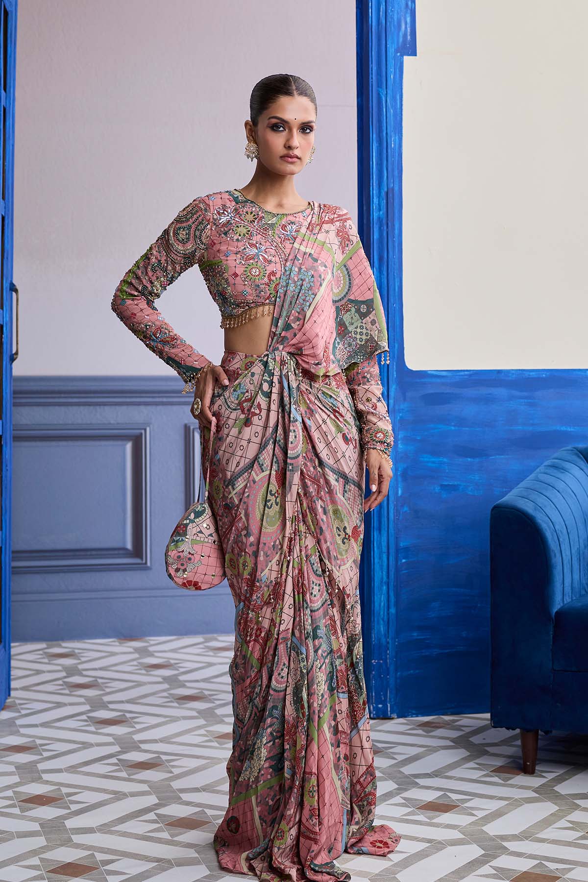 DUSK PINK HIGHLIGHTED BLOUSE WITH COORDINATED PRINTED DHOTI SAREE SET