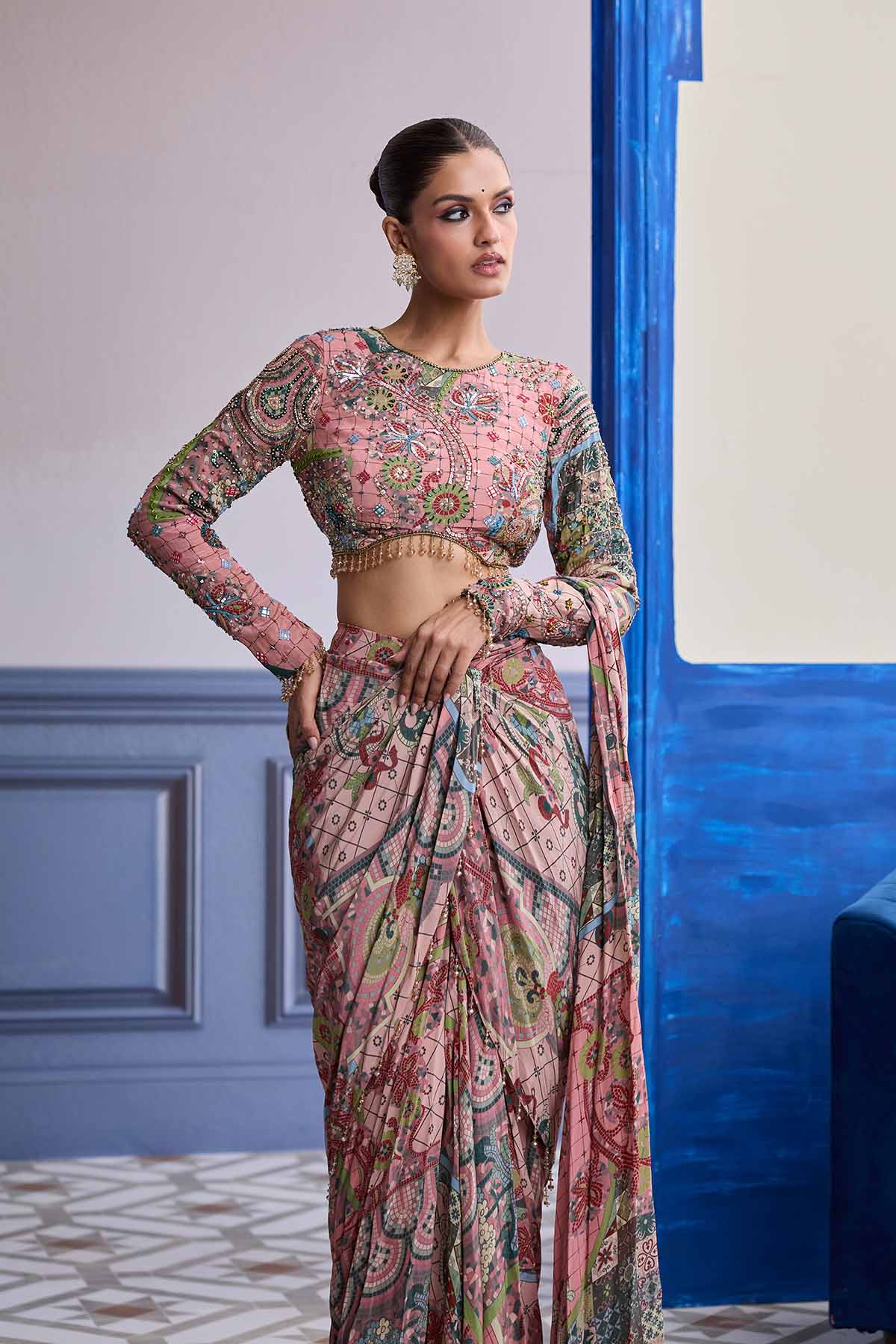 DUSK PINK HIGHLIGHTED BLOUSE WITH COORDINATED PRINTED DHOTI SAREE SET