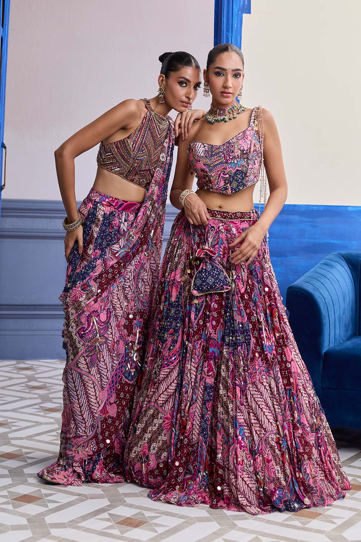 FUCHSIA FLORAL CORSET WITH HIGHLIGHTED LEHENGA SET