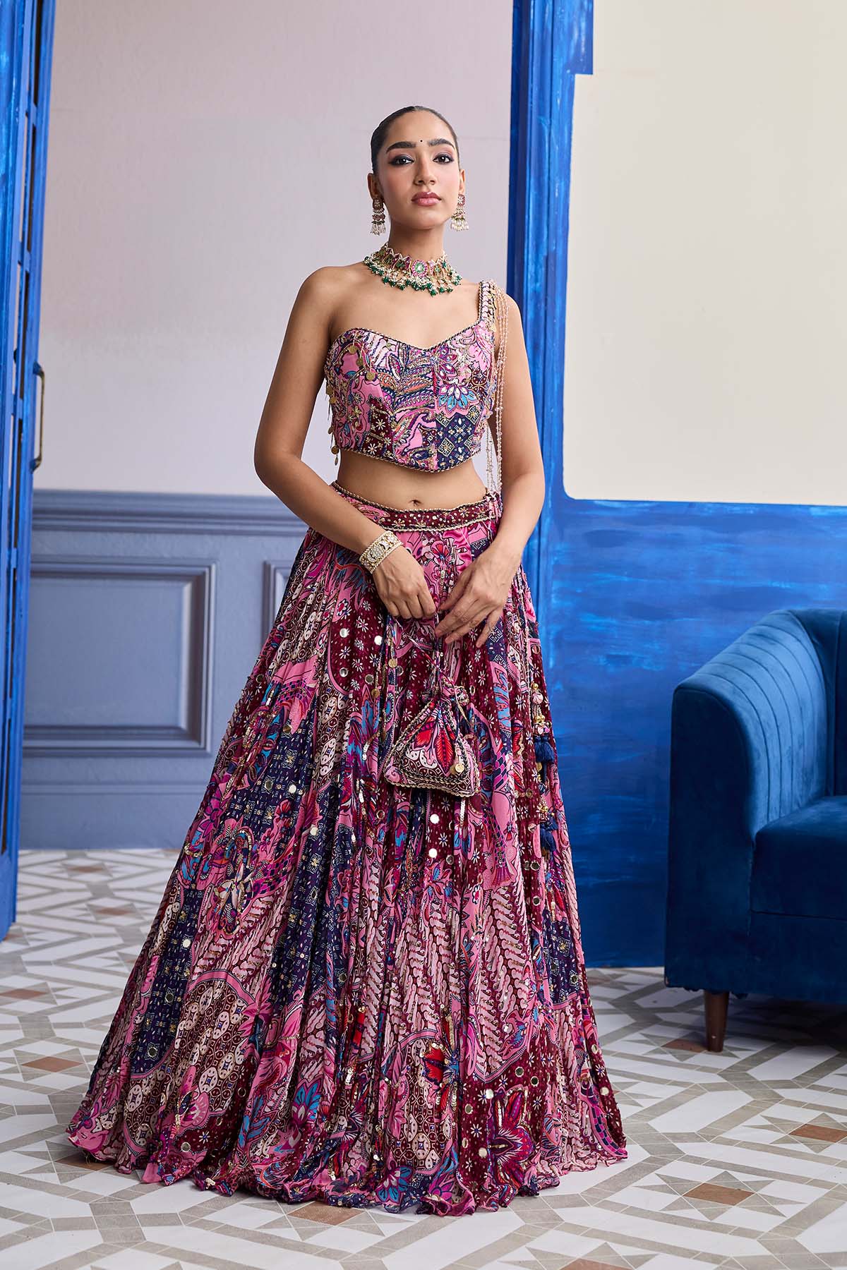 FUCHSIA FLORAL CORSET WITH HIGHLIGHTED LEHENGA SET