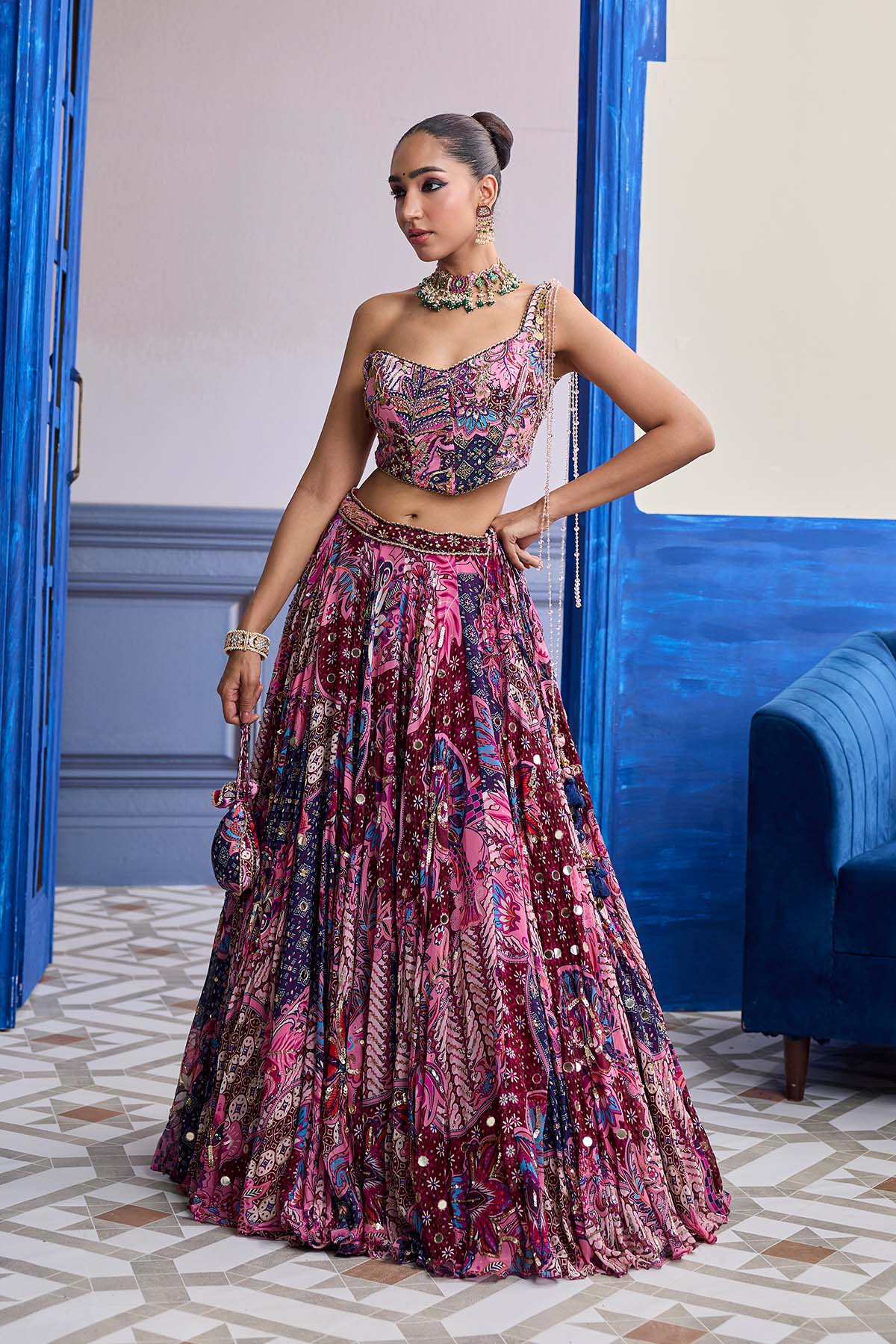 FUCHSIA FLORAL CORSET WITH HIGHLIGHTED LEHENGA SET
